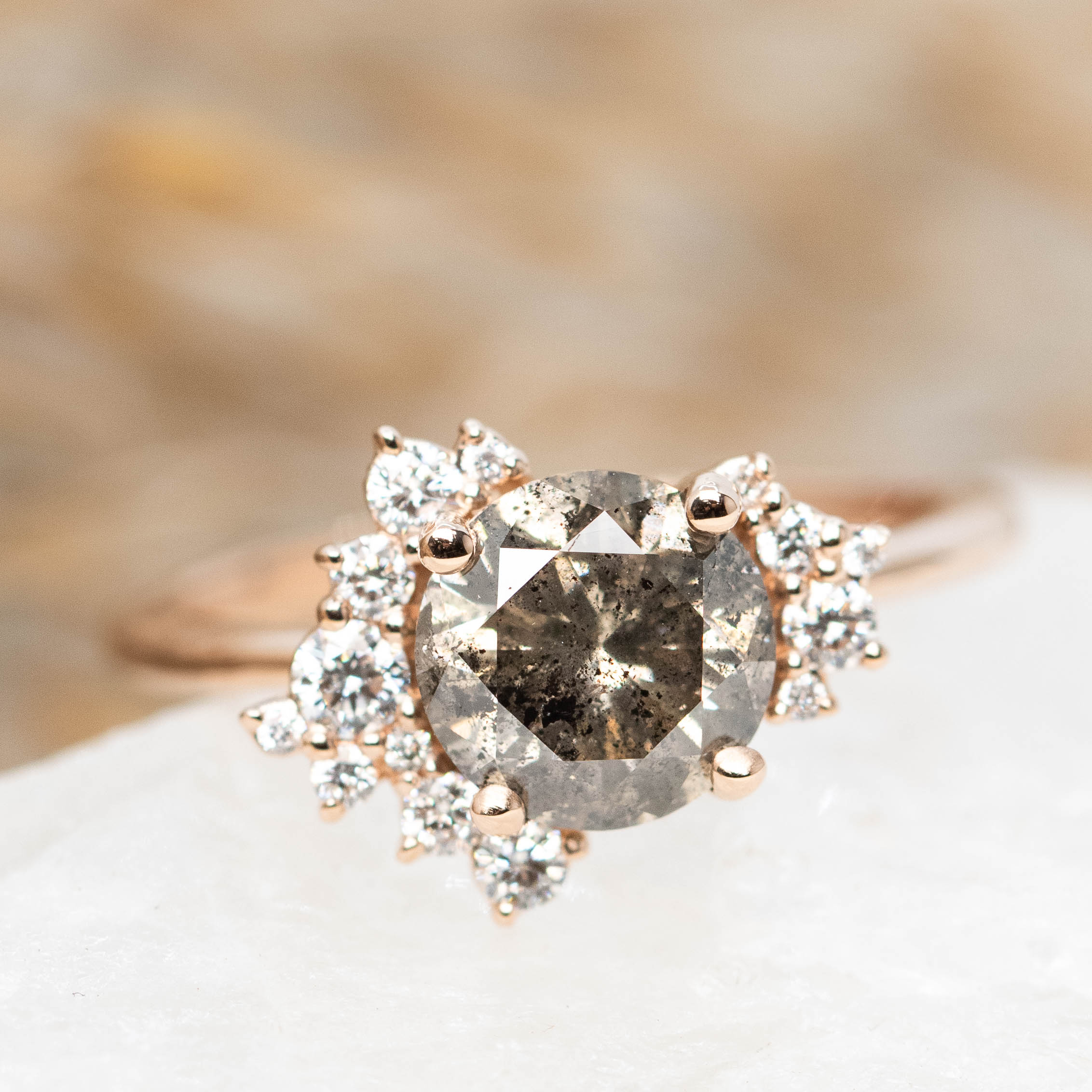 Orion Ring with a 1.81 Carat Round Champagne Salt and Pepper Diamond and White Accent Diamonds in 14k Rose Gold - Ready to Size and Ship - Image 8