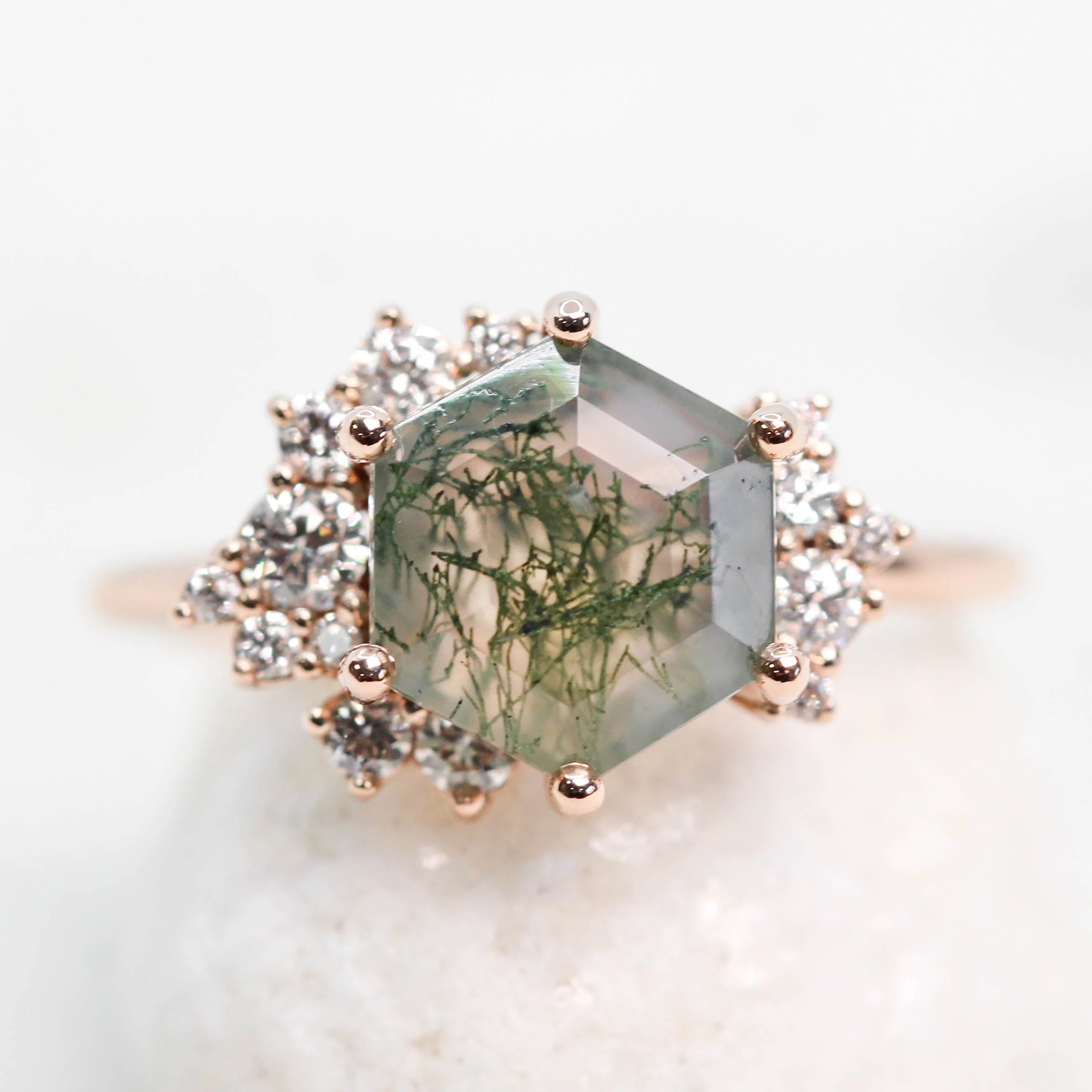 Orion Ring with a Hexagon Moss Agate and White Accent Diamonds - Made to Order