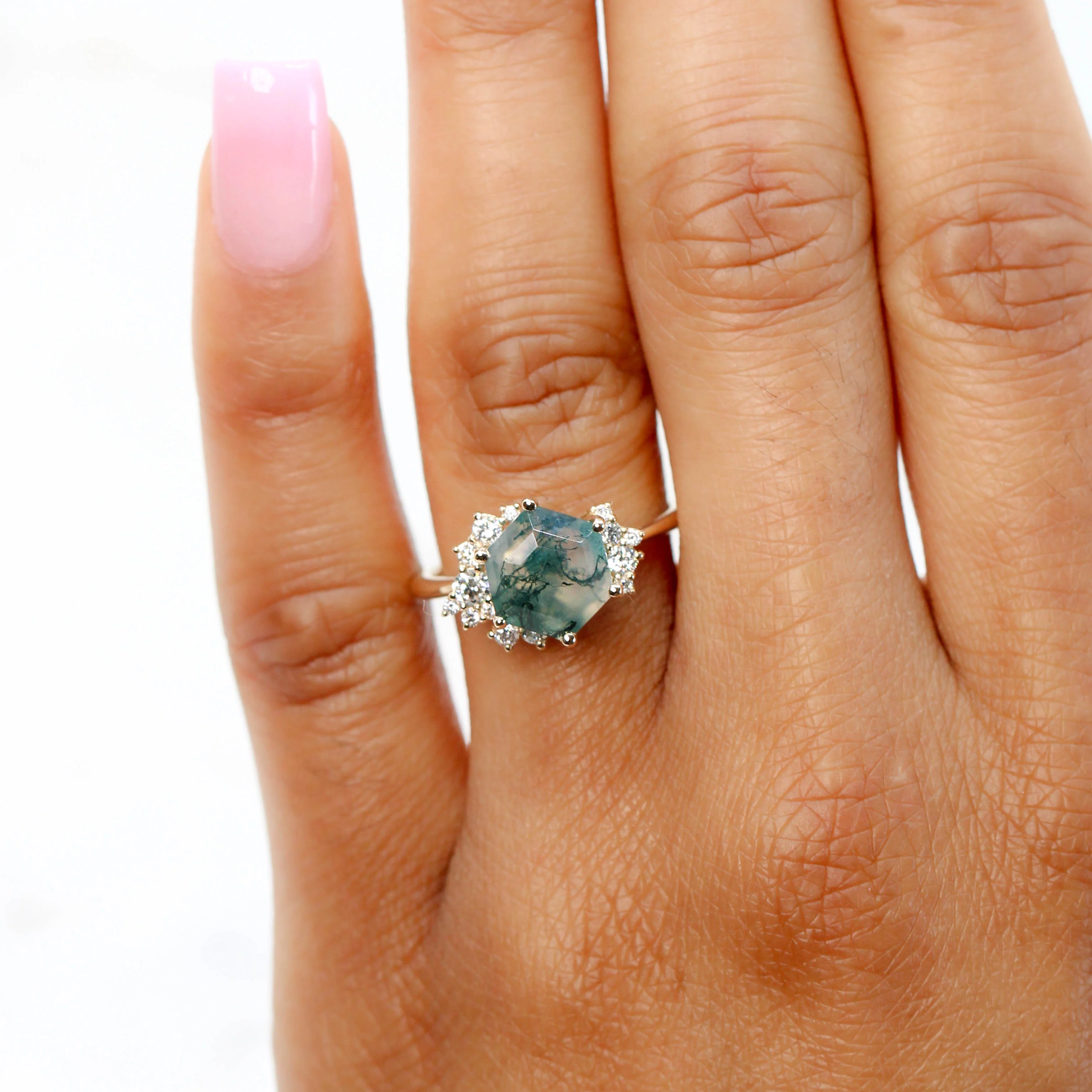 Orion Ring with a Hexagon Moss Agate and White Accent Diamonds - Made to Order - Image 2