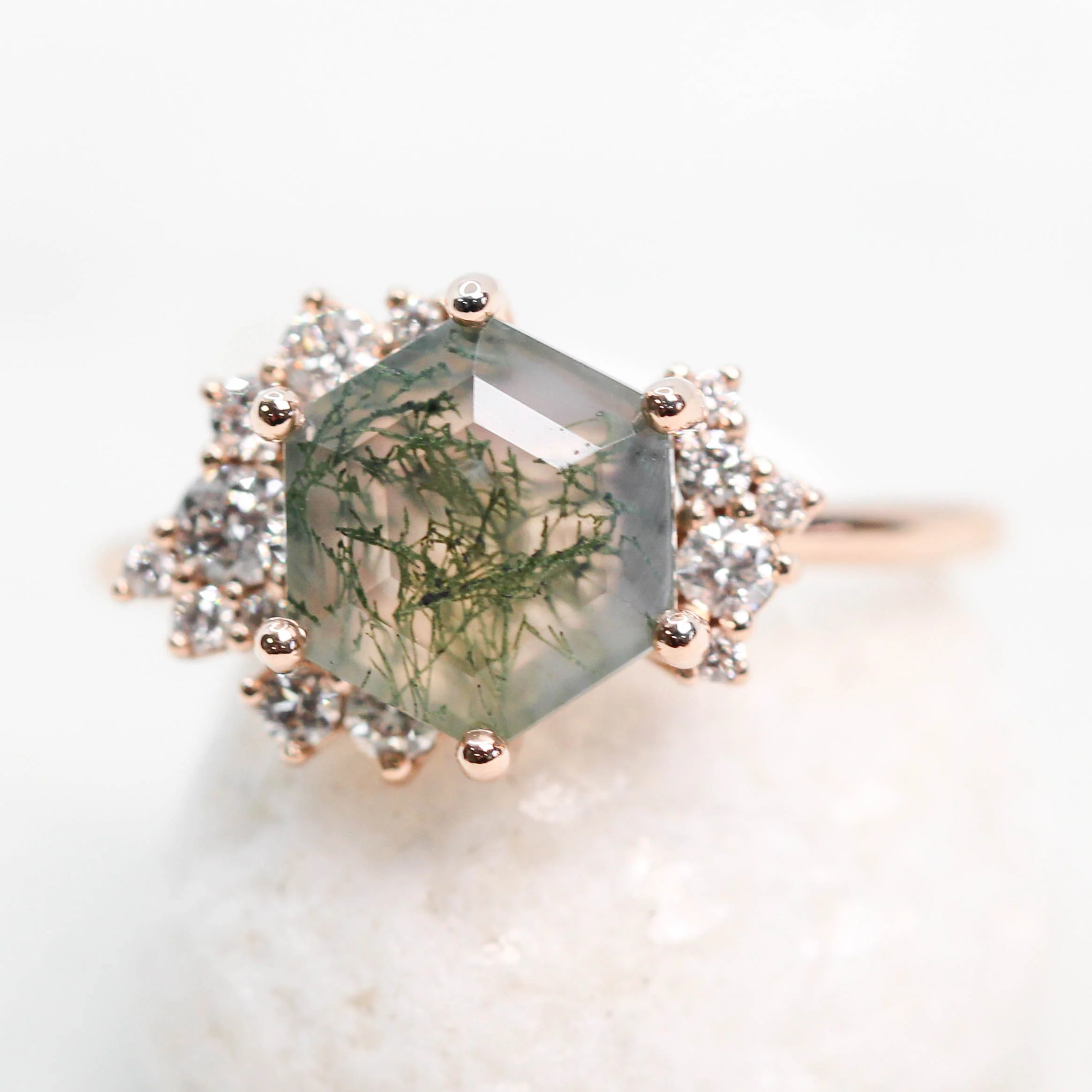 Orion Ring with a Hexagon Moss Agate and White Accent Diamonds - Made to Order - Image 3