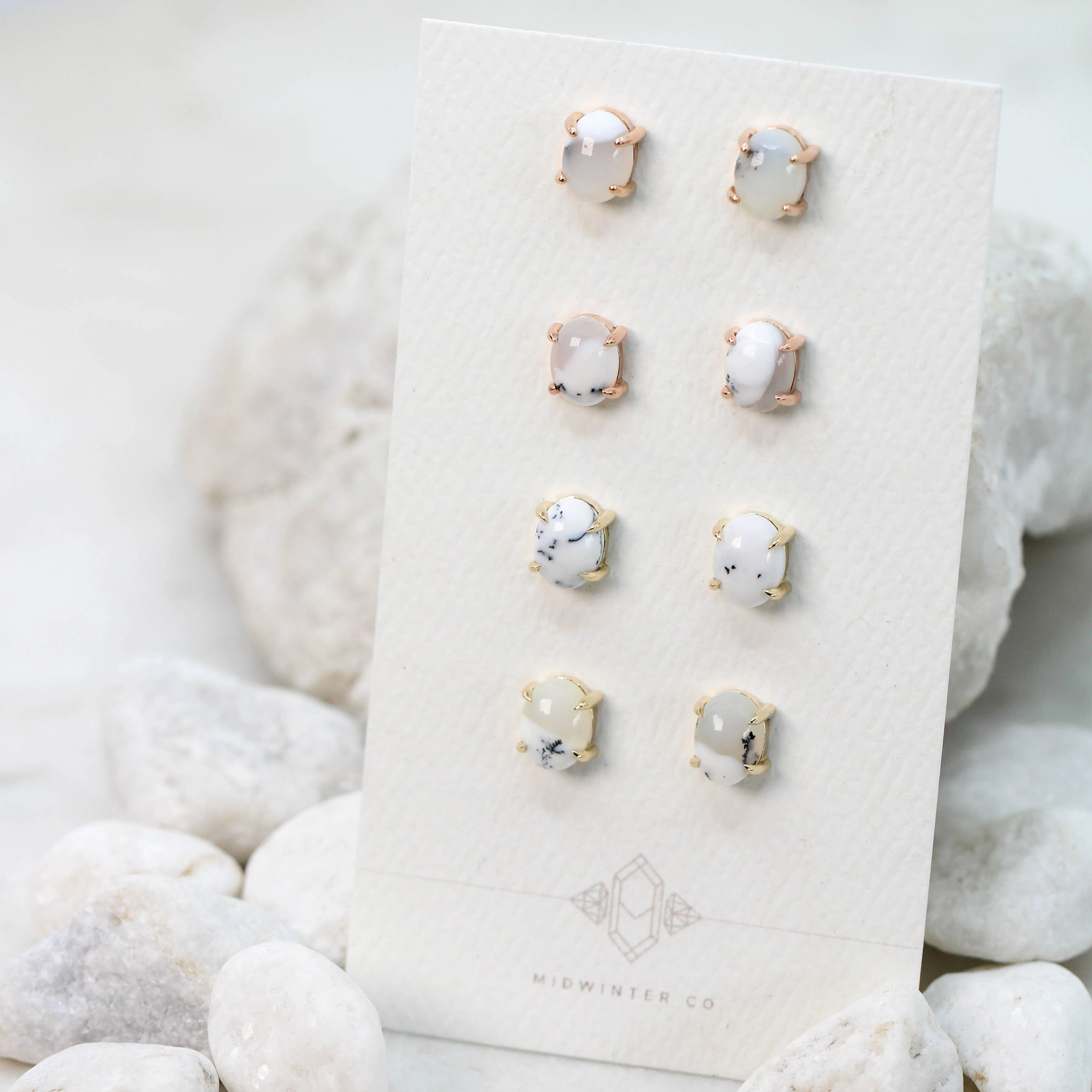 Oval White Dendritic Opal Earrings - Made to Order, Choose Your Gold Tone - Image 11