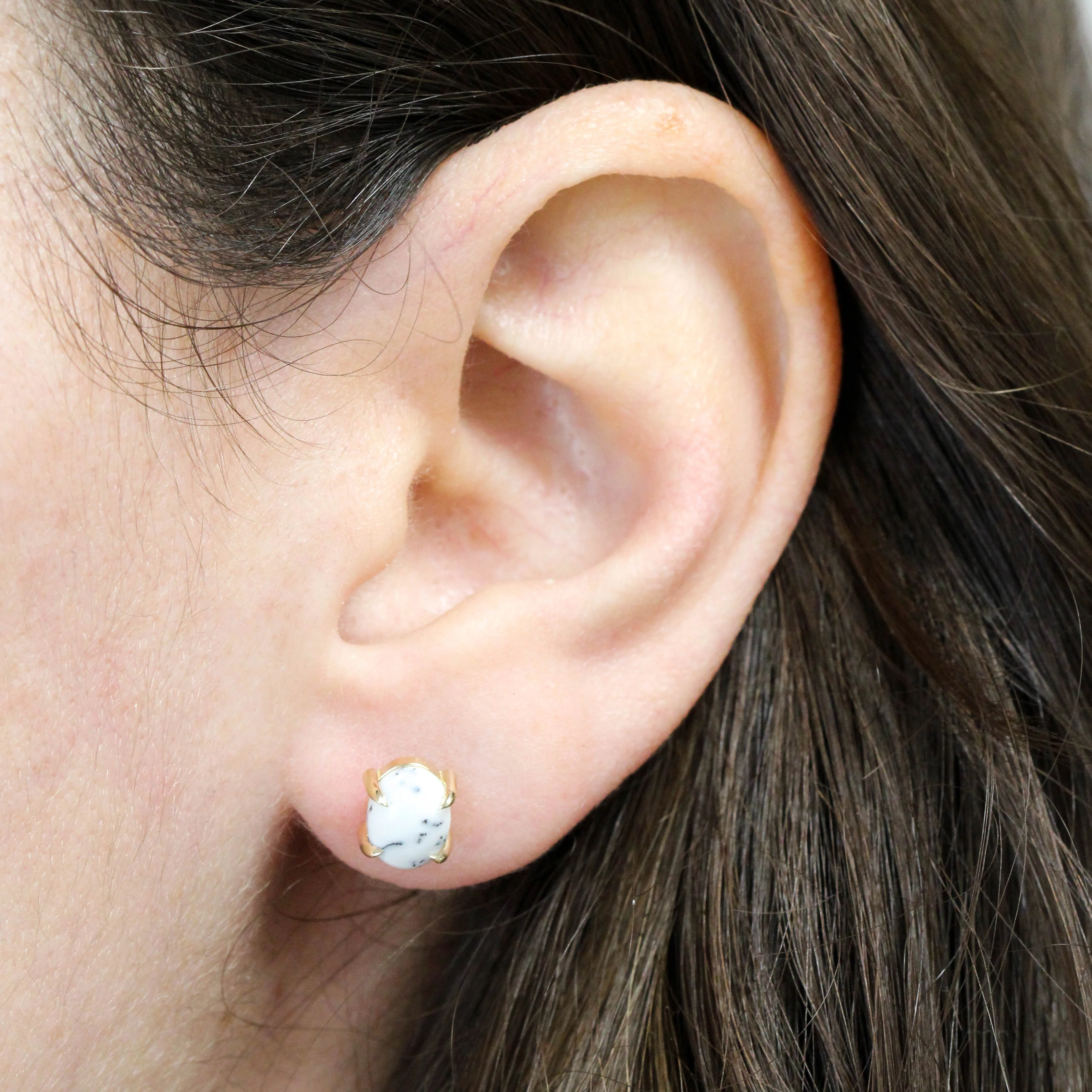 Oval White Dendritic Opal Earrings - Made to Order, Choose Your Gold Tone - Image 12