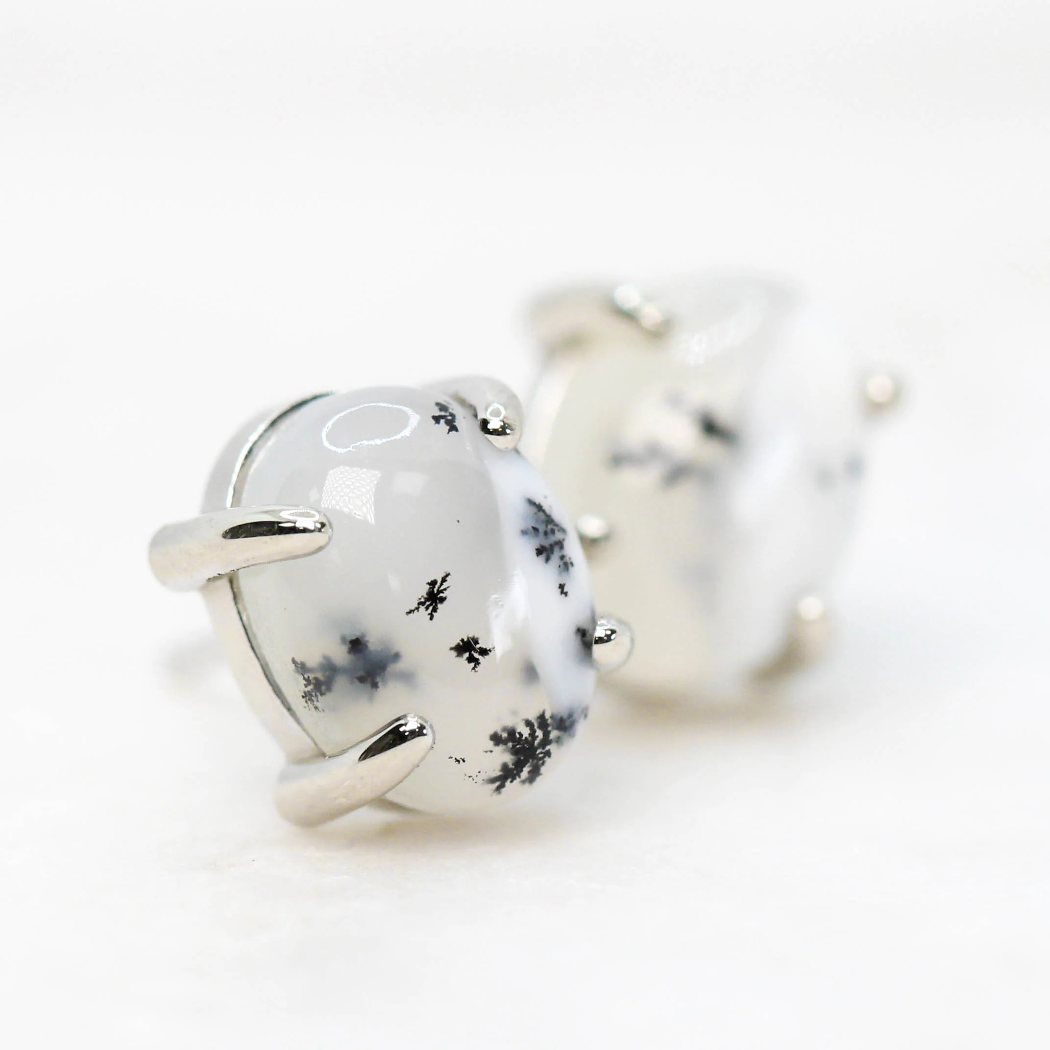 Oval White Dendritic Opal Earrings - Made to Order, Choose Your Gold Tone - Image 4
