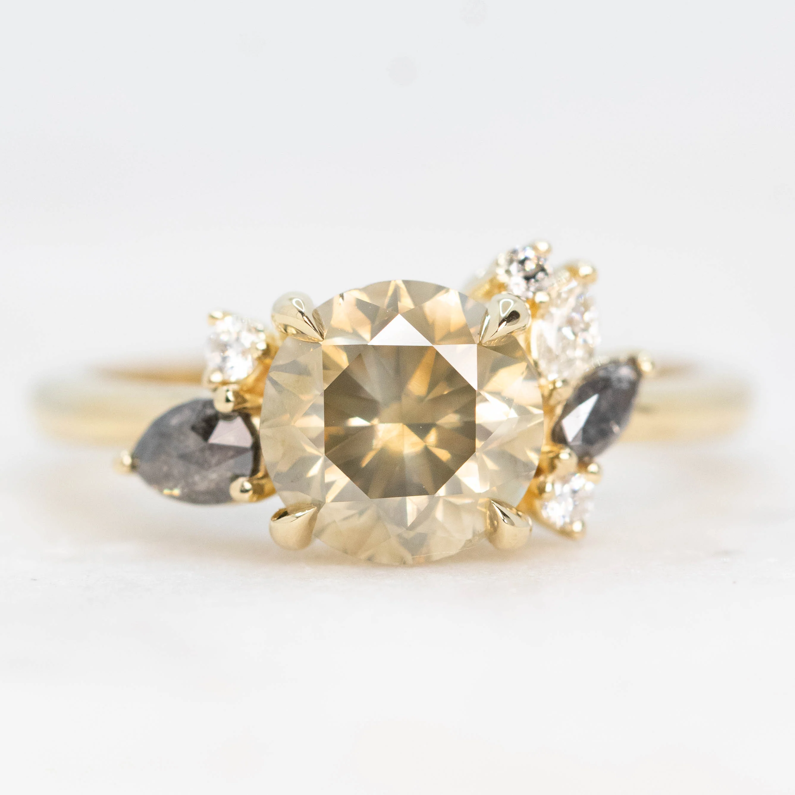 Polaris Ring with a 2.25 Carat Round Champagne Diamond and White and Gray Accent Diamonds in 14k Yellow Gold - Ready to Size and Ship