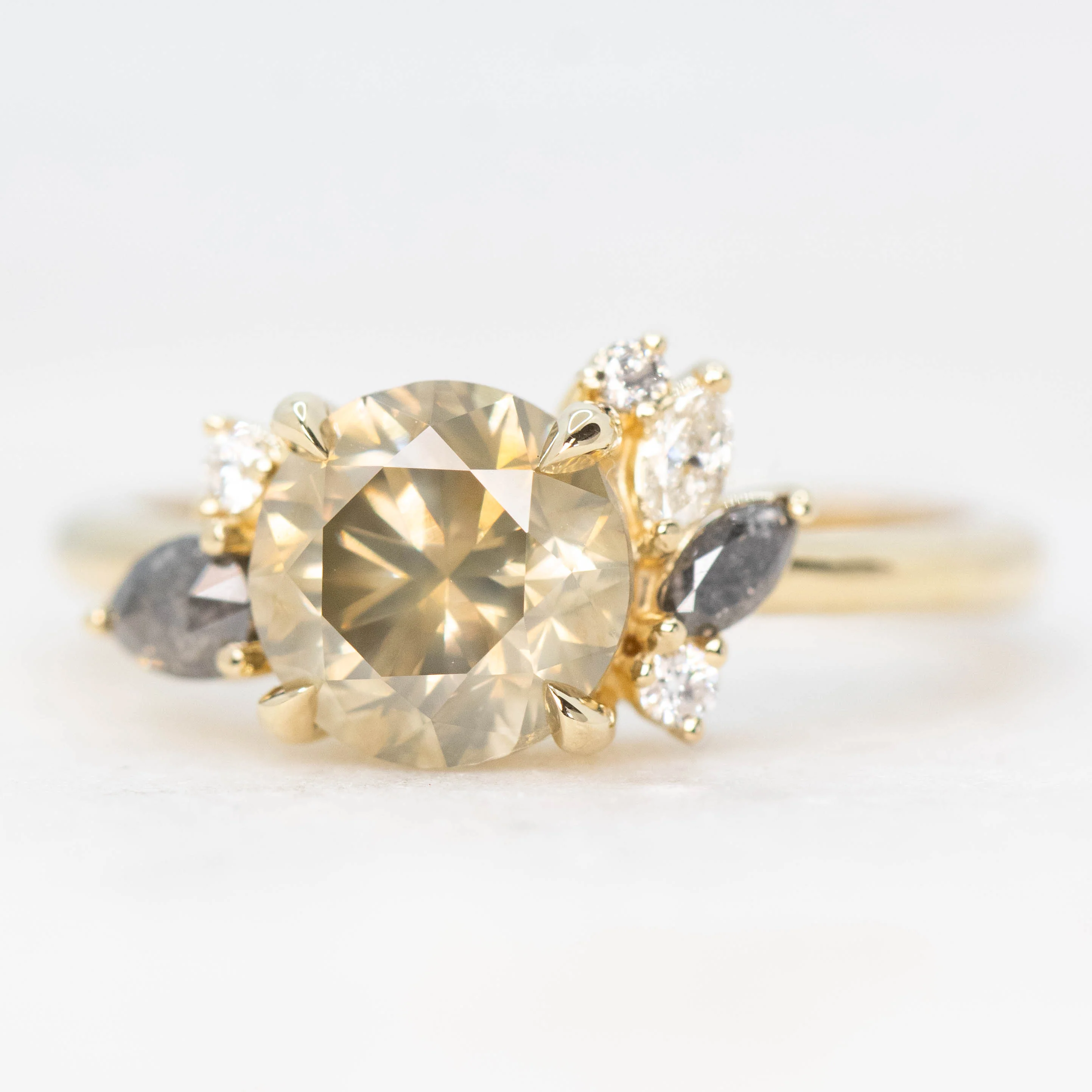 Polaris Ring with a 2.25 Carat Round Champagne Diamond and White and Gray Accent Diamonds in 14k Yellow Gold - Ready to Size and Ship - Image 3