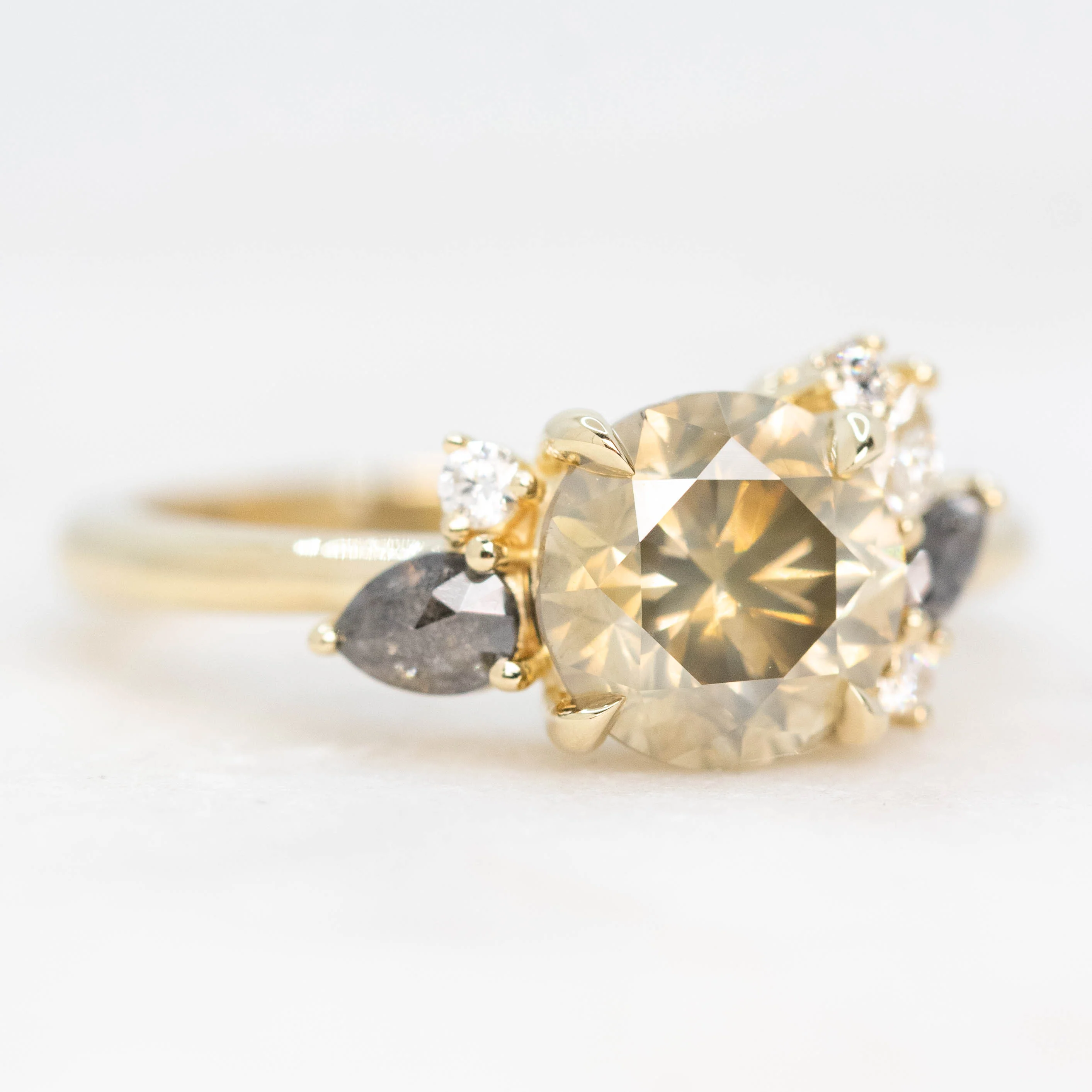 Polaris Ring with a 2.25 Carat Round Champagne Diamond and White and Gray Accent Diamonds in 14k Yellow Gold - Ready to Size and Ship - Image 4