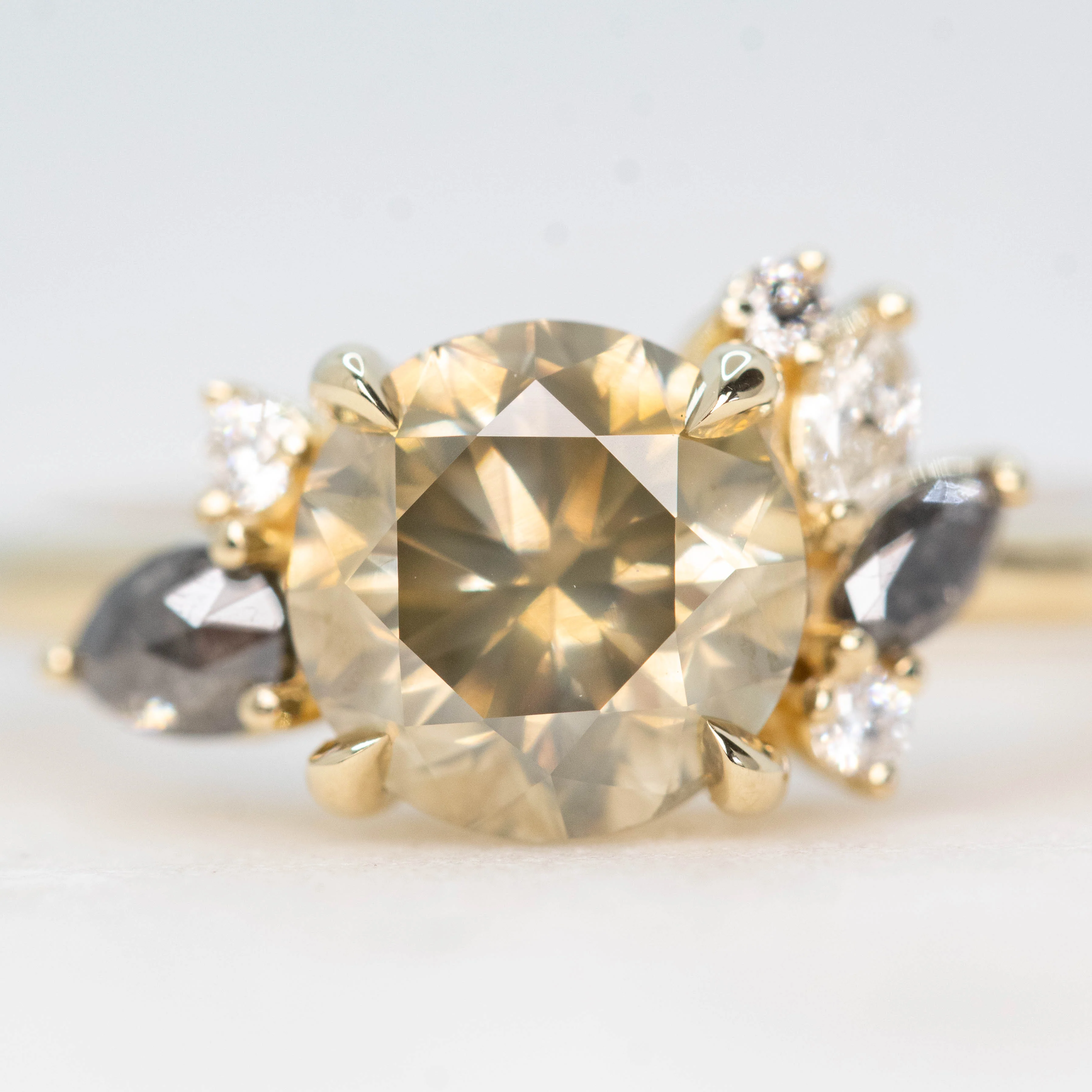 Polaris Ring with a 2.25 Carat Round Champagne Diamond and White and Gray Accent Diamonds in 14k Yellow Gold - Ready to Size and Ship - Image 7