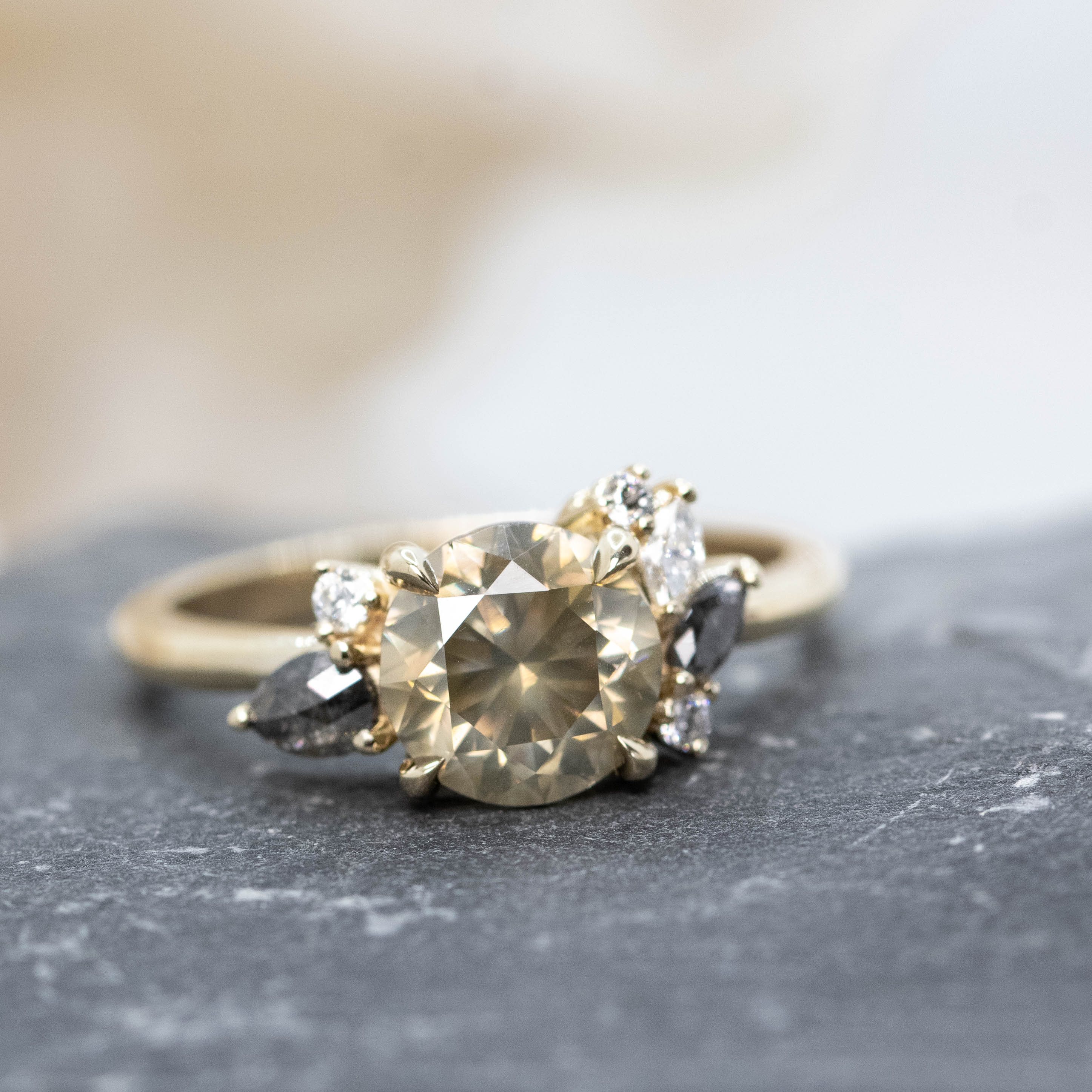 Polaris Ring with a 2.25 Carat Round Champagne Diamond and White and Gray Accent Diamonds in 14k Yellow Gold - Ready to Size and Ship - Image 8