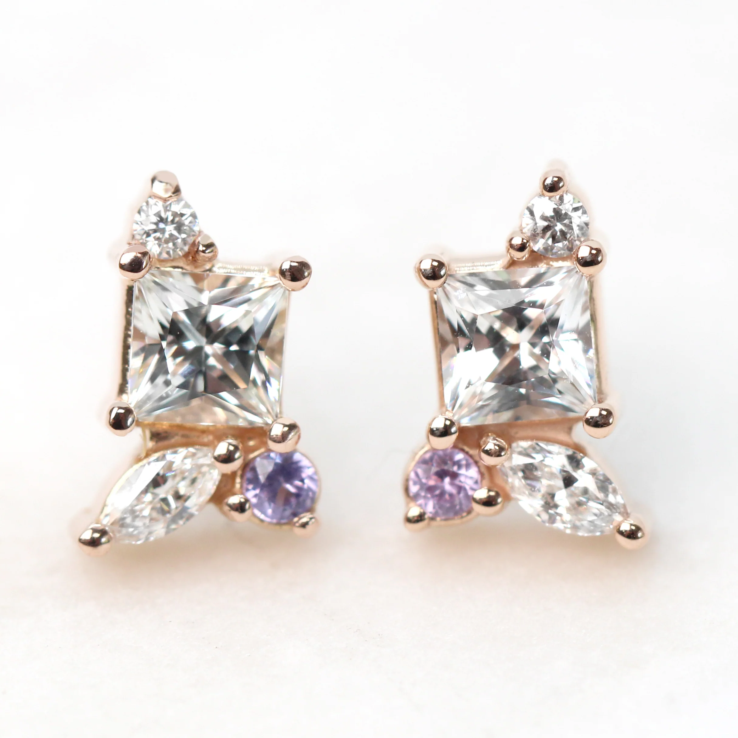 Princess Cut White Sapphire Earrings with Diamond & Light Purple Sapphire Accents - Made to Order, Choose Your Gold Tone