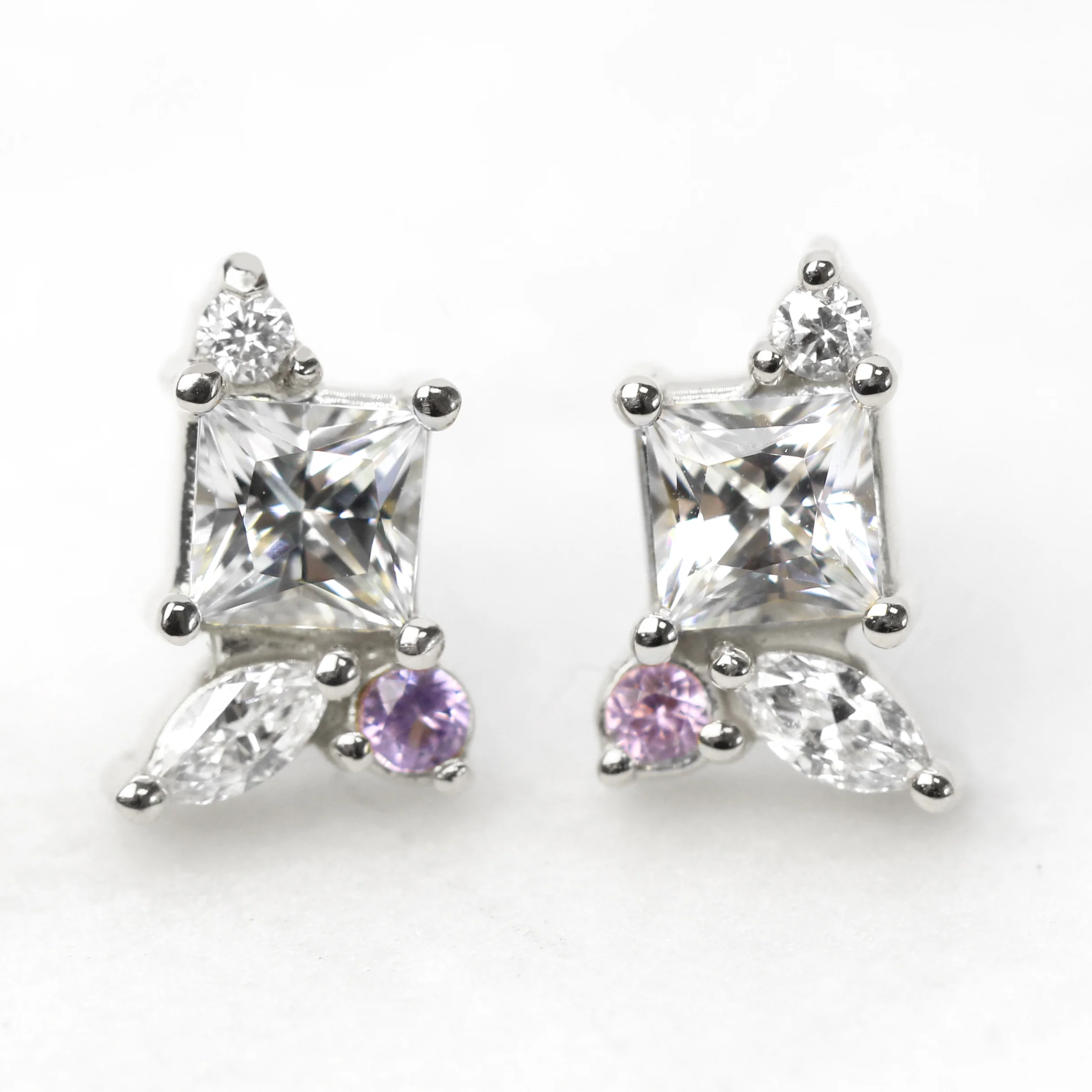 Princess Cut White Sapphire Earrings with Diamond & Light Purple Sapphire Accents - Made to Order, Choose Your Gold Tone - Image 10