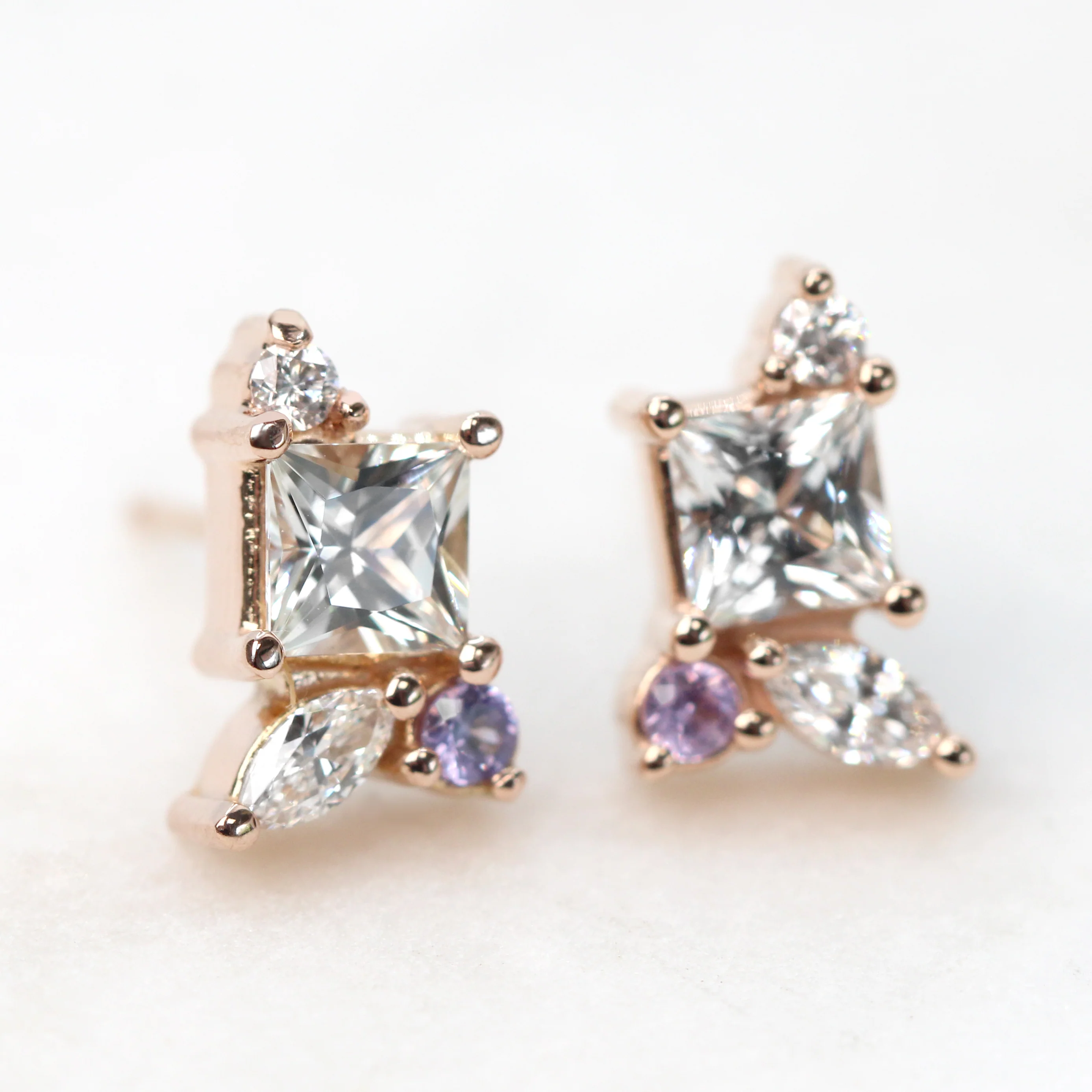 Princess Cut White Sapphire Earrings with Diamond & Light Purple Sapphire Accents - Made to Order, Choose Your Gold Tone - Image 2