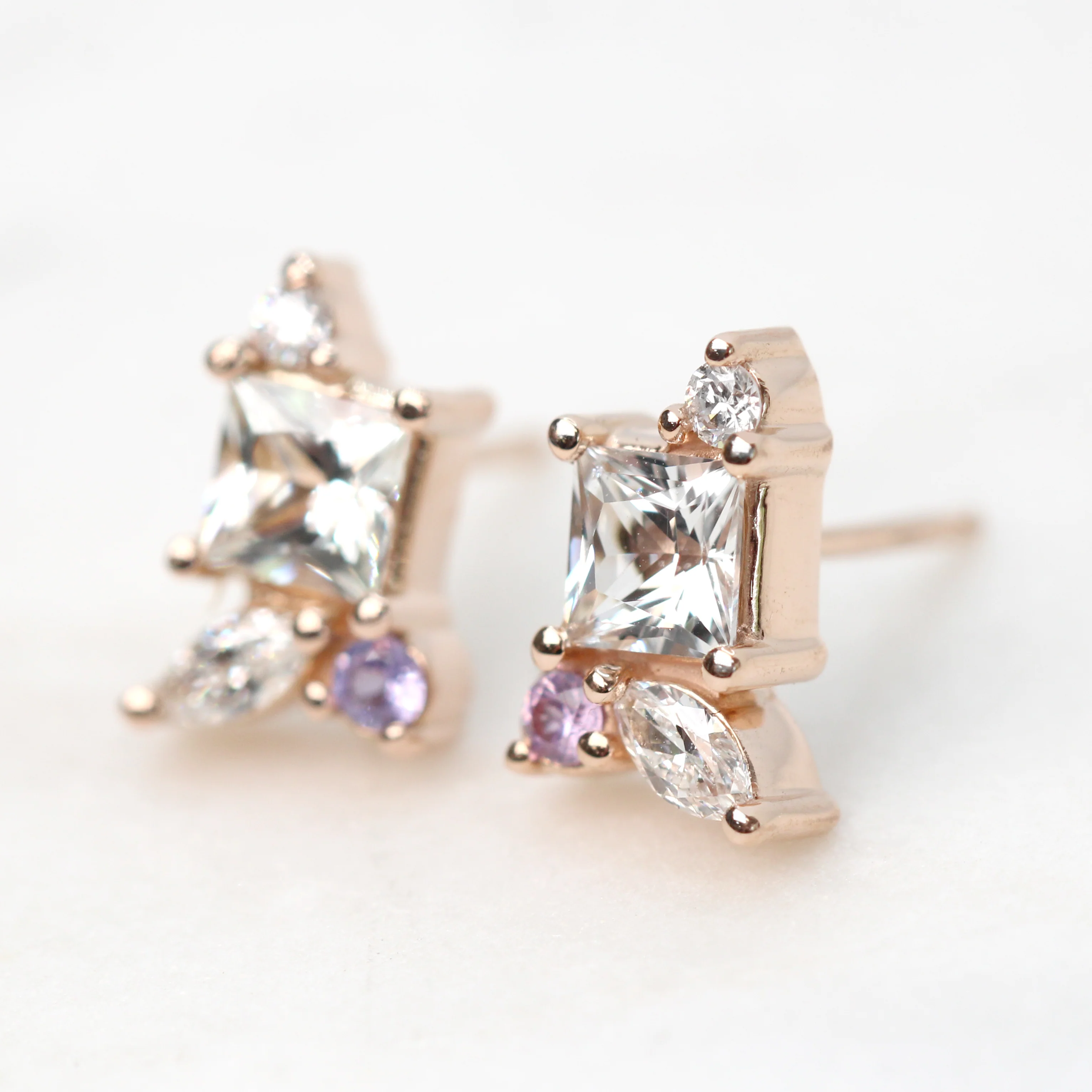 Princess Cut White Sapphire Earrings with Diamond & Light Purple Sapphire Accents - Made to Order, Choose Your Gold Tone - Image 3