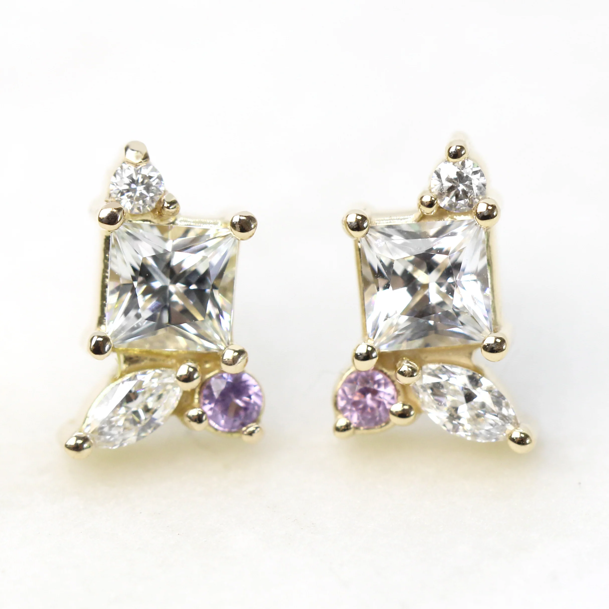Princess Cut White Sapphire Earrings with Diamond & Light Purple Sapphire Accents - Made to Order, Choose Your Gold Tone - Image 9