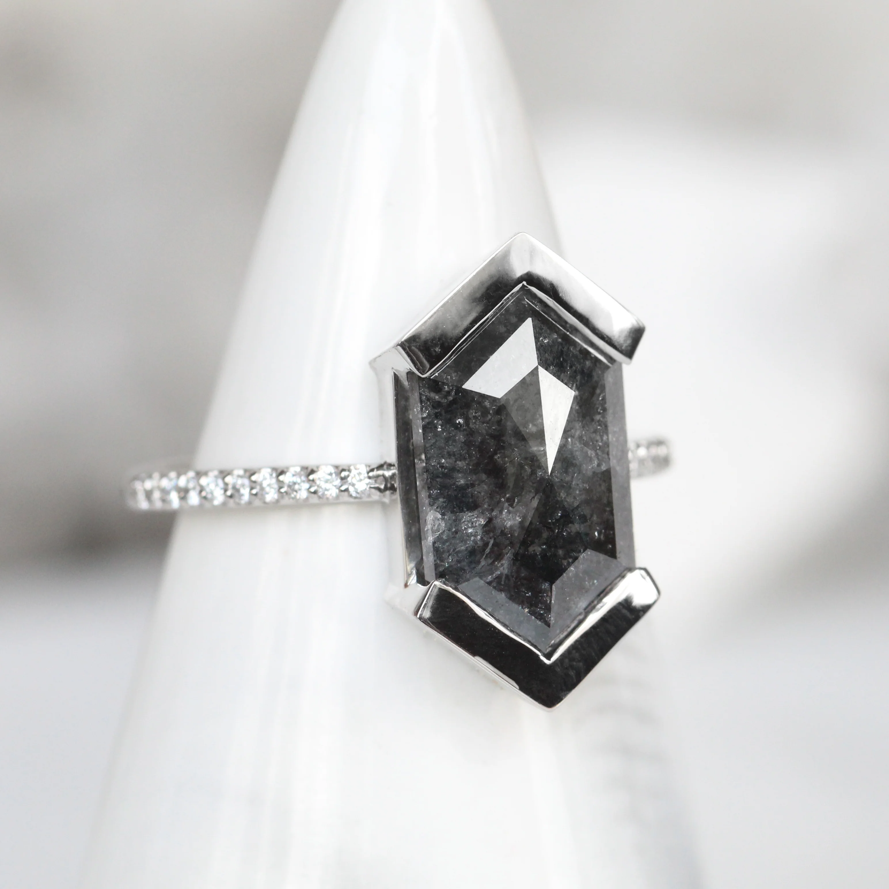 Project: Custom Partial Bezel Ring with a 4 Carat Black Hexagon Diamond and White Accent Diamonds in 14k