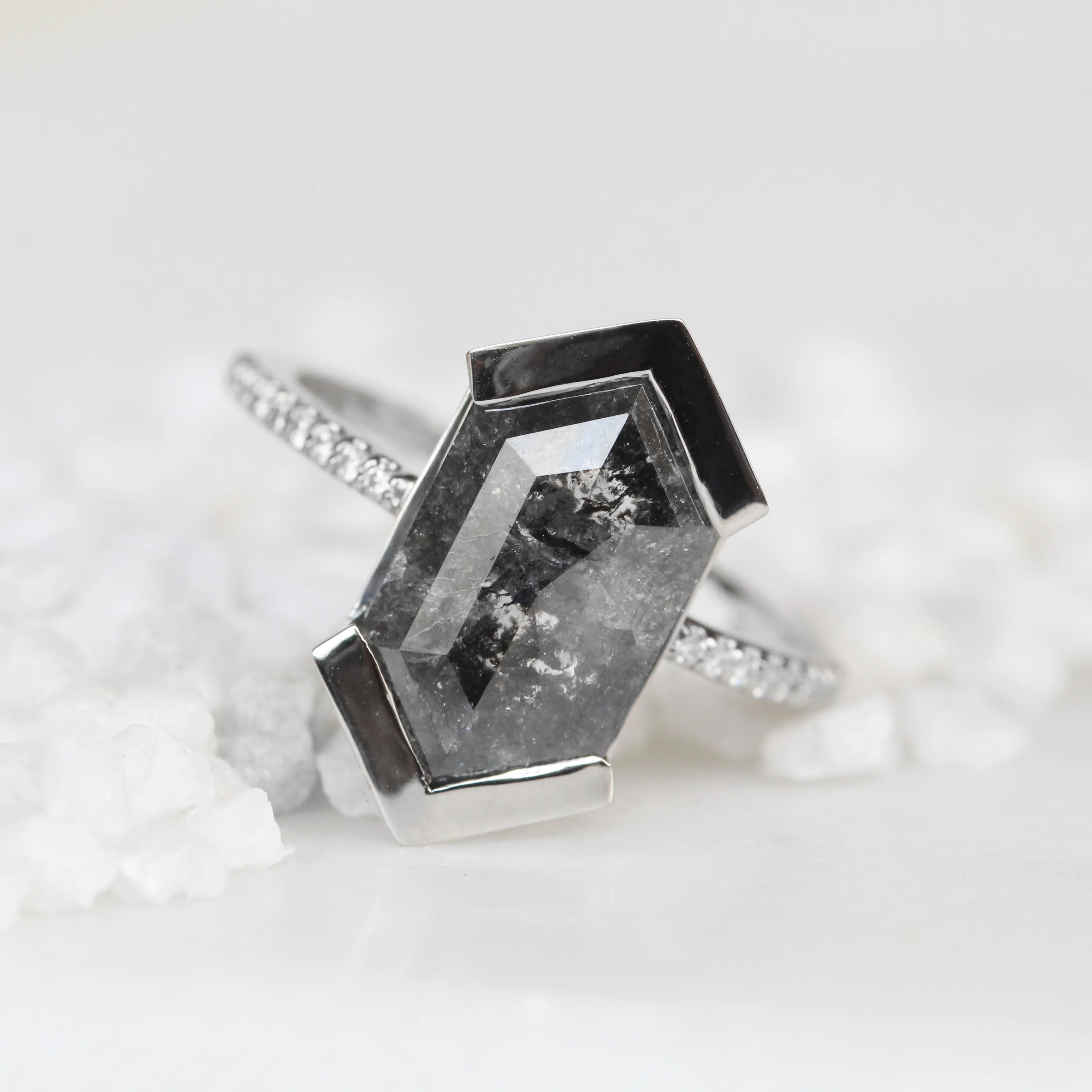 Project: Custom Partial Bezel Ring with a 4 Carat Black Hexagon Diamond and White Accent Diamonds in 14k - Image 2