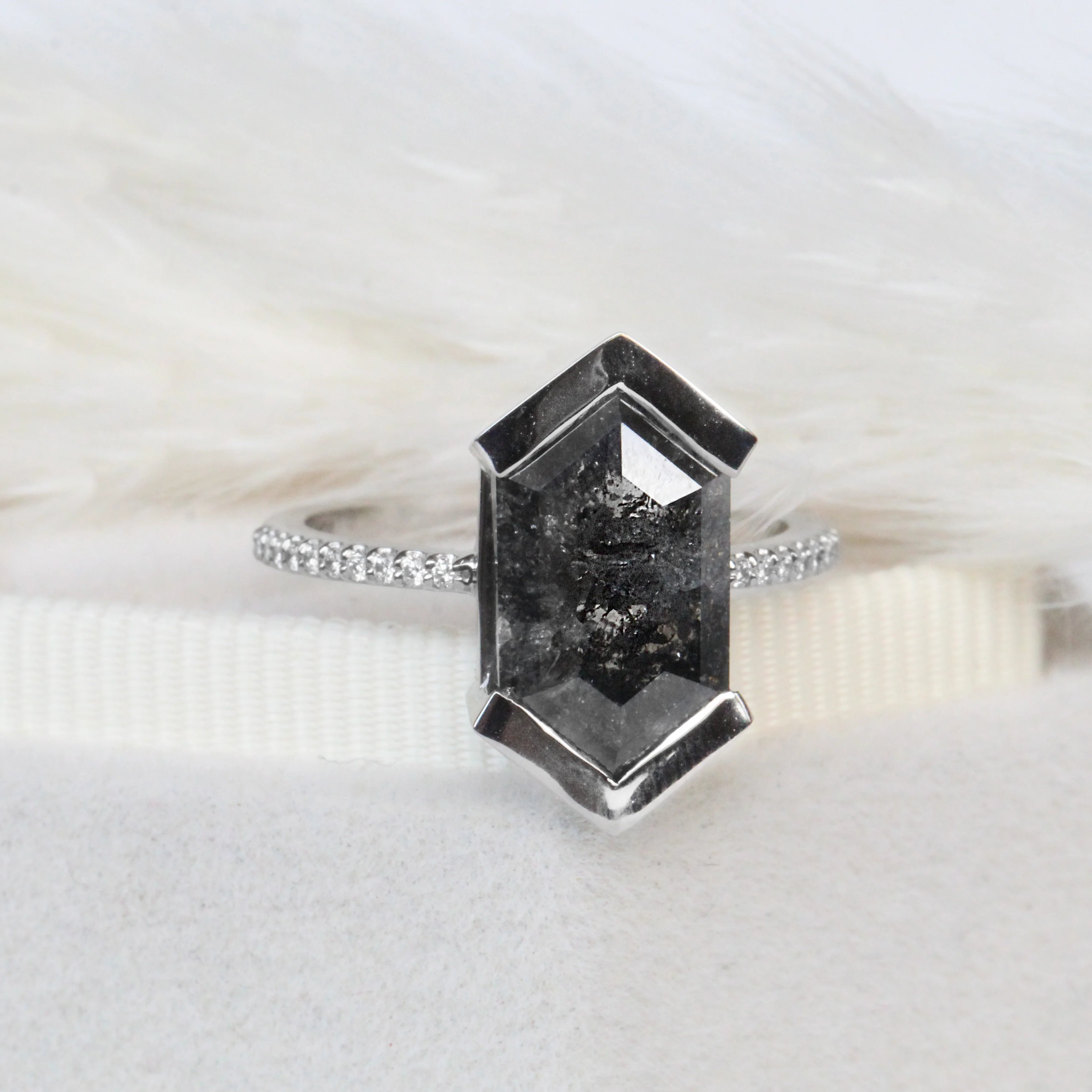 Project: Custom Partial Bezel Ring with a 4 Carat Black Hexagon Diamond and White Accent Diamonds in 14k - Image 3