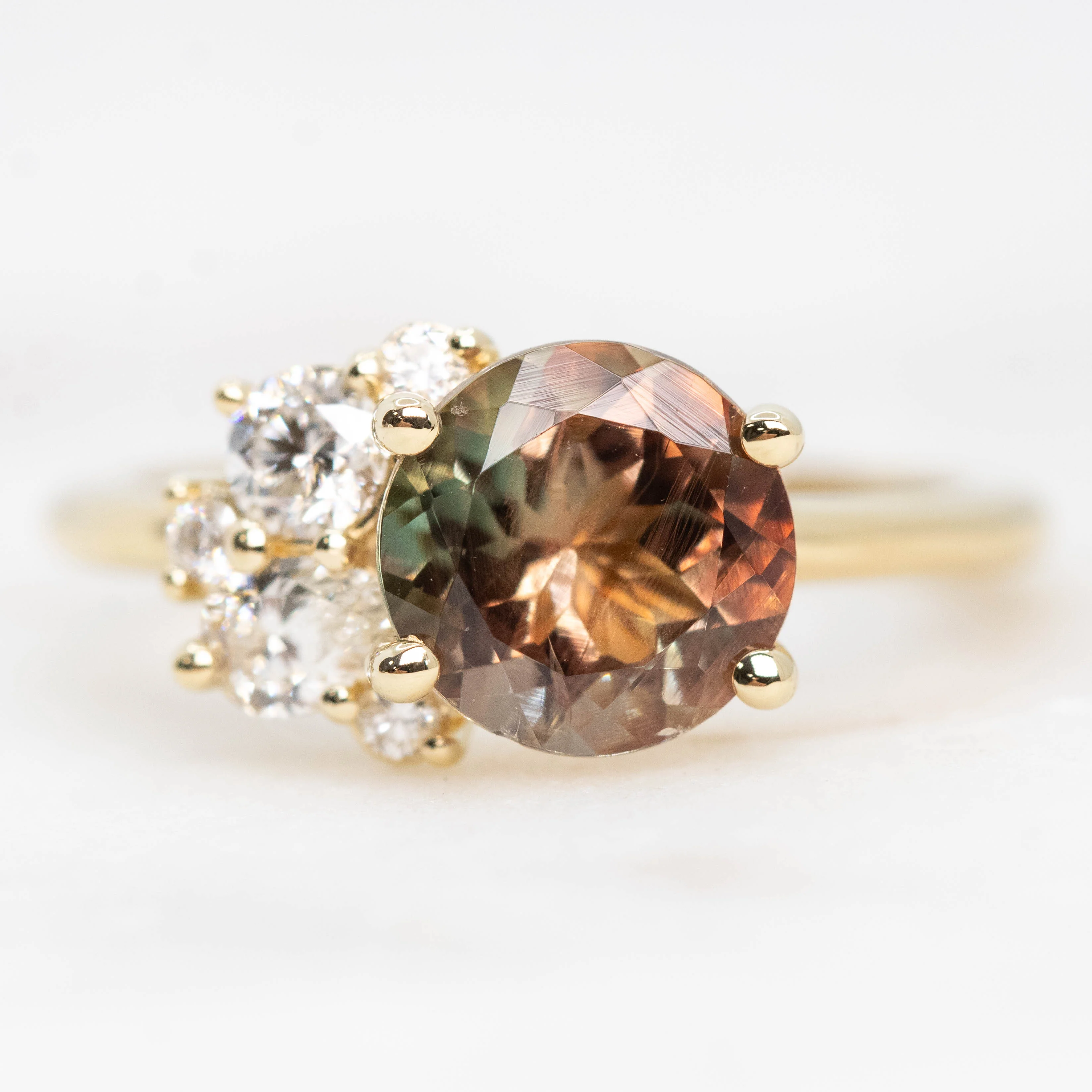 Project: Custom Abetha Ring with a 1.5 carat Green Orange Oregon Sunstone and White Accent Diamonds in 14k