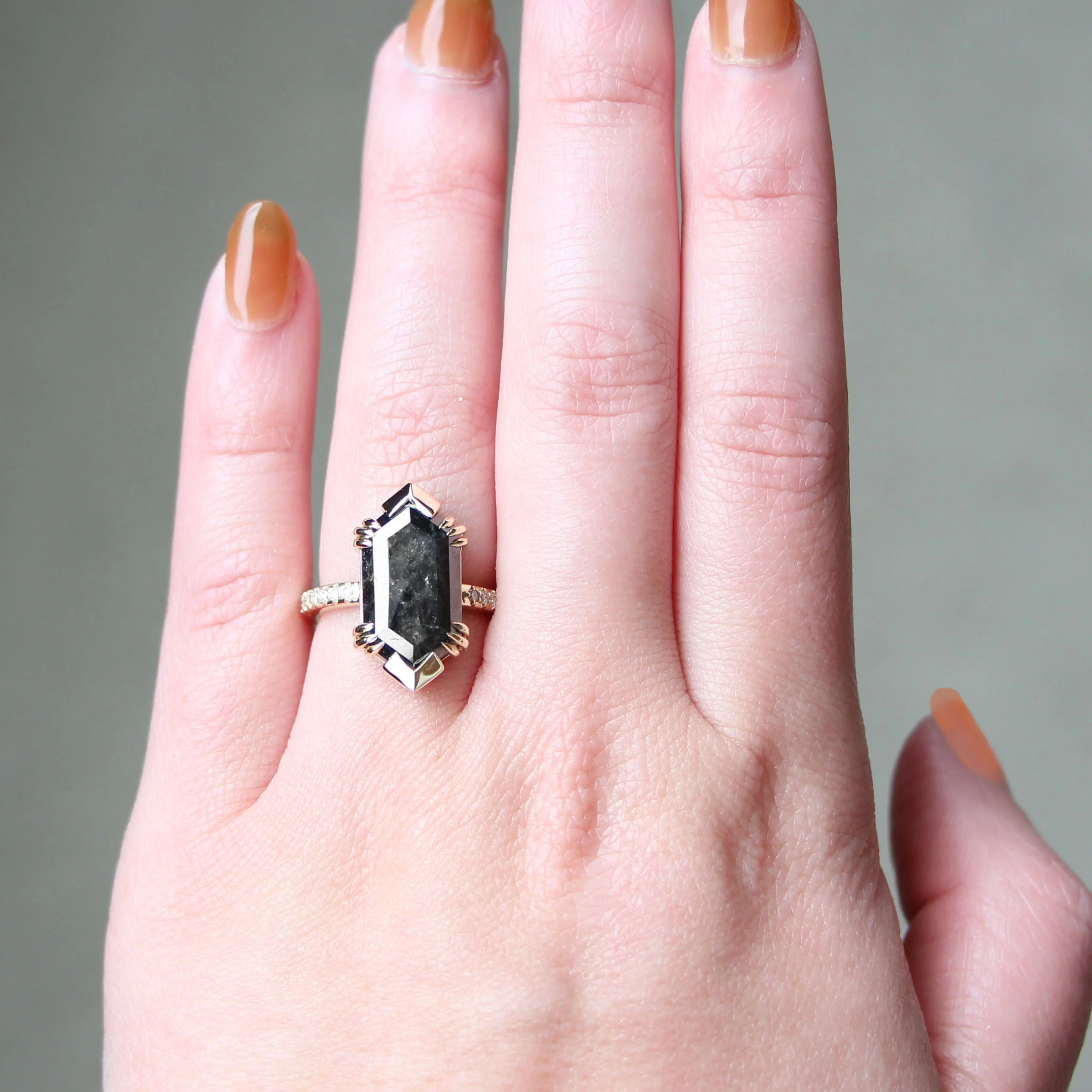 Project: Custom Ebony Ring with a 6 Carat Black Hexagon Salt and Pepper Diamond and White Accent Diamonds in 14k - Image 3
