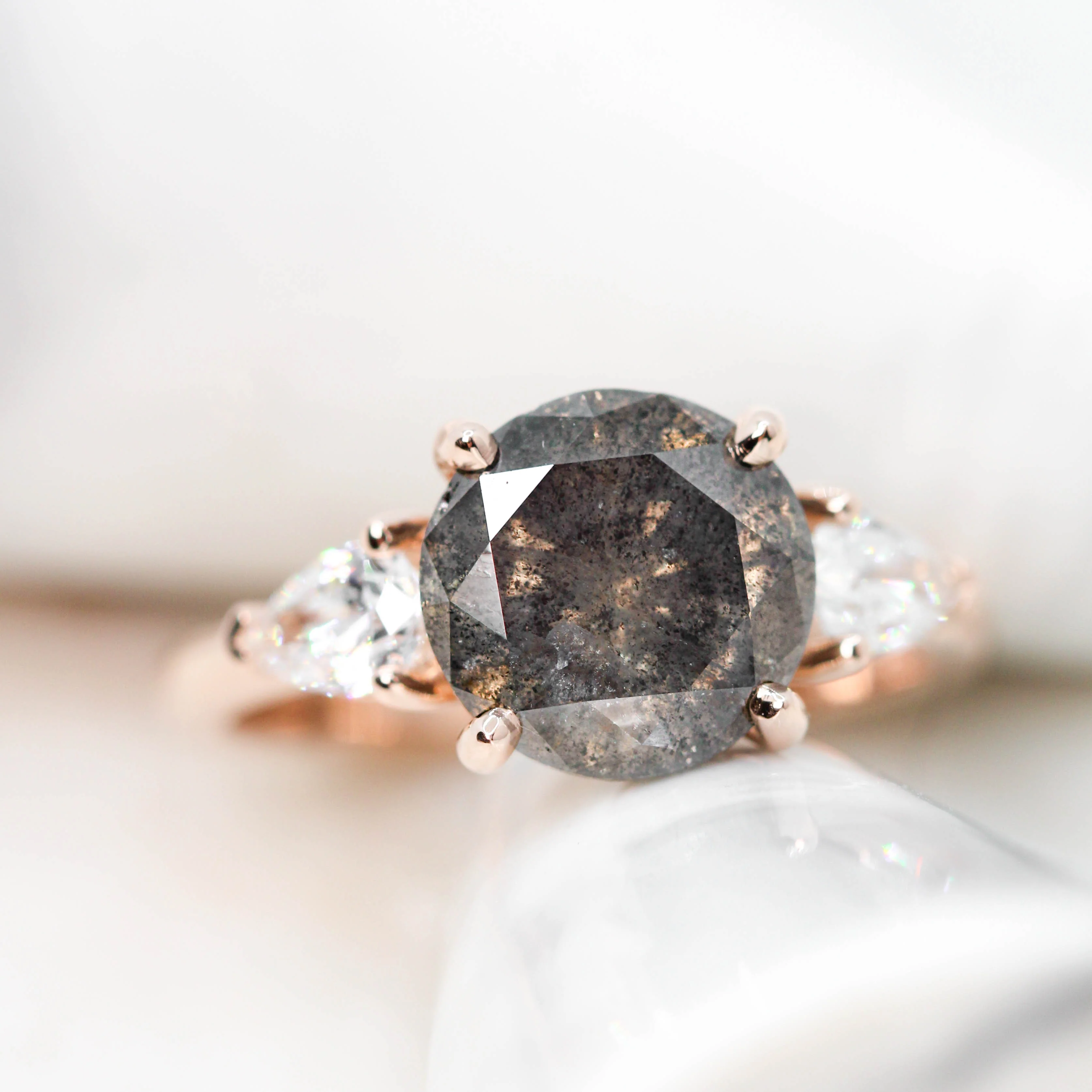 Project: Custom Faye Ring with a 3.5 Carat Gray Round Salt and Pepper Diamond and White Accent Diamonds in 14k