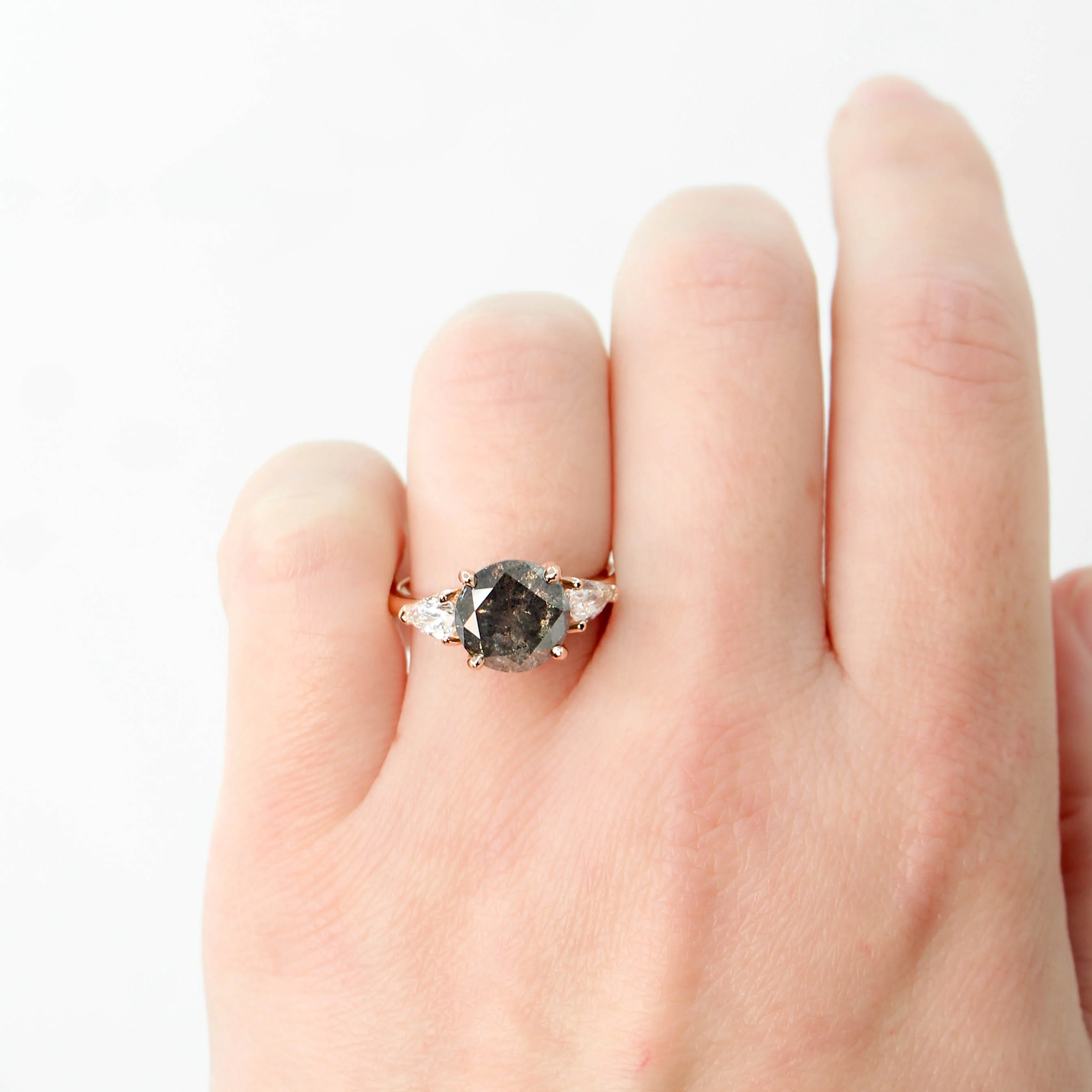 Project: Custom Faye Ring with a 3.5 Carat Gray Round Salt and Pepper Diamond and White Accent Diamonds in 14k - Image 3