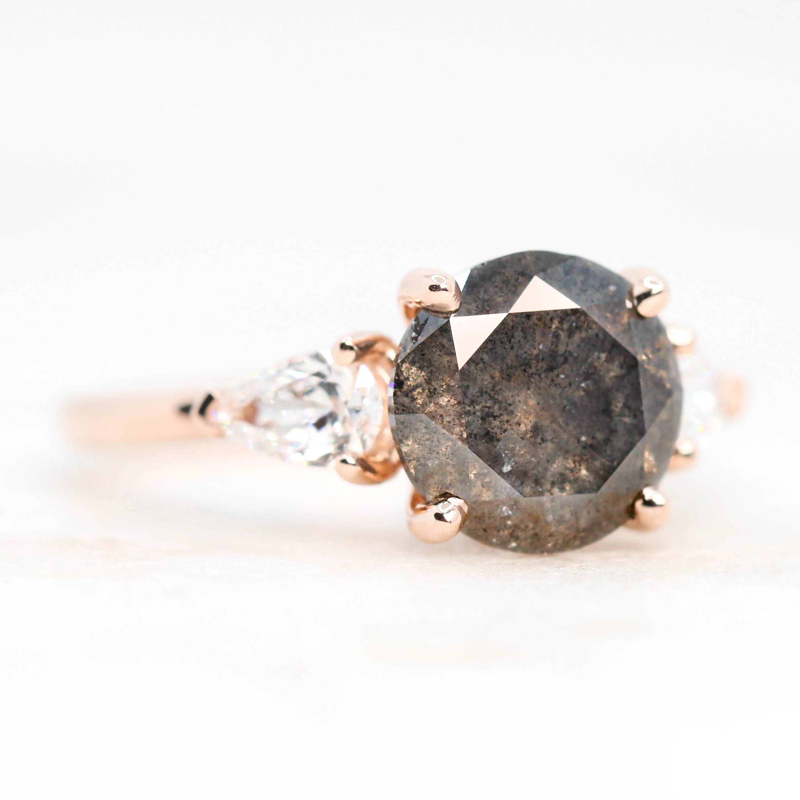 Project: Custom Faye Ring with a 3.5 Carat Gray Round Salt and Pepper Diamond and White Accent Diamonds in 14k - Image 5