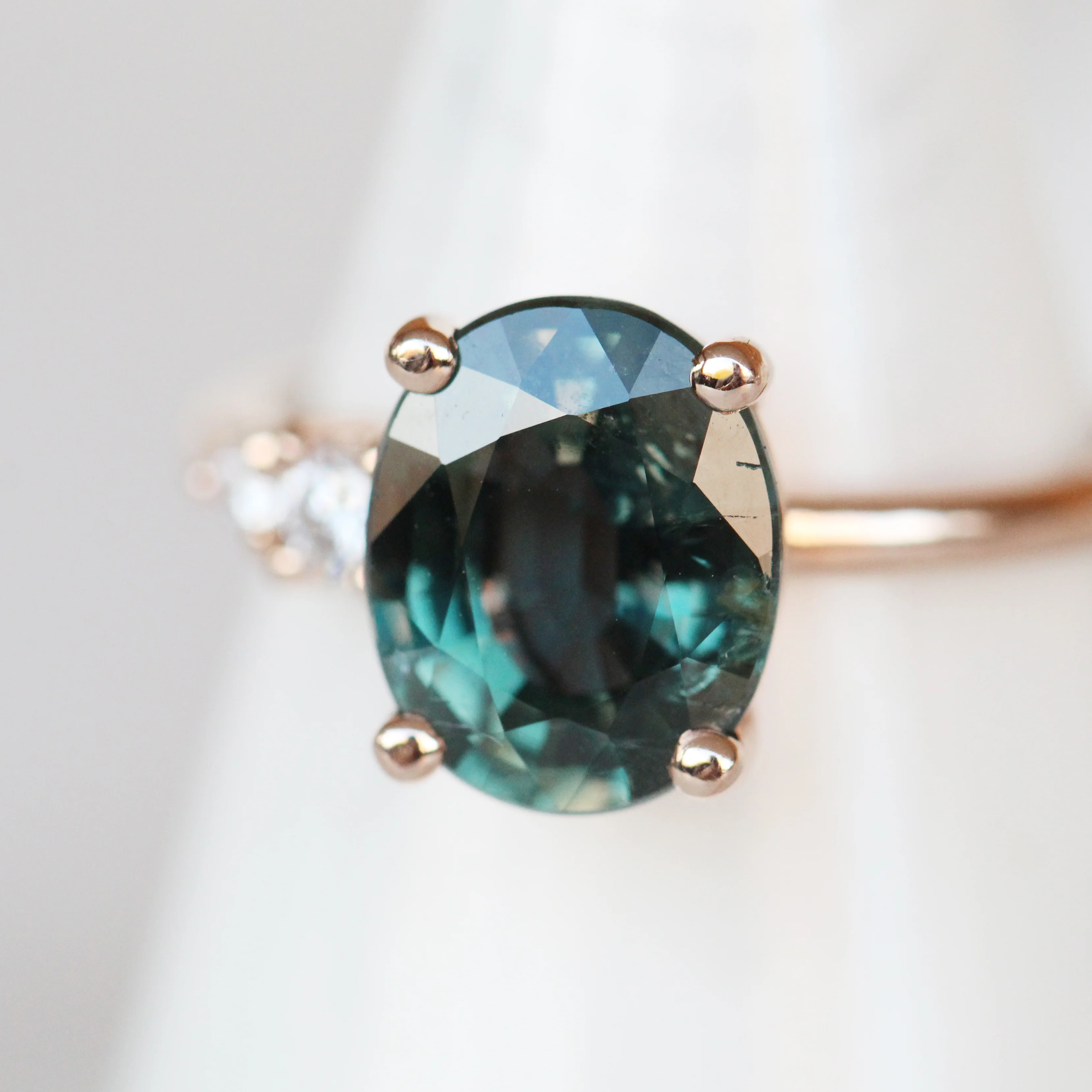 Project: Custom Jesse Ring with 3 Carat Teal Blue Sapphire with Asymmetrical Accent Diamonds in 14k - Image 5