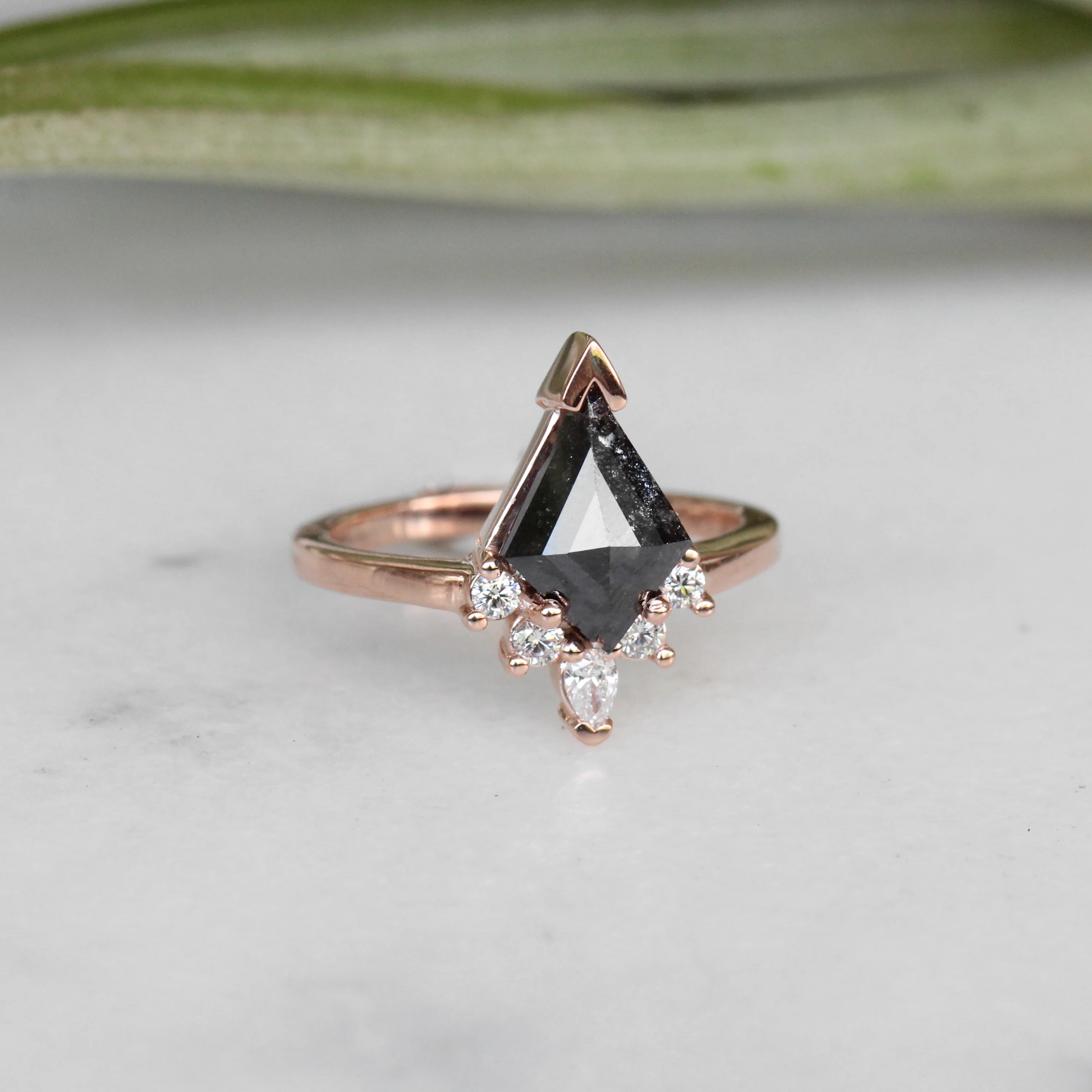 Project: Custom Blair Ring with 1 Carat Rose Cut Gray Kite Salt and Pepper Diamond and White Accent Diamonds in 14k - Image 4