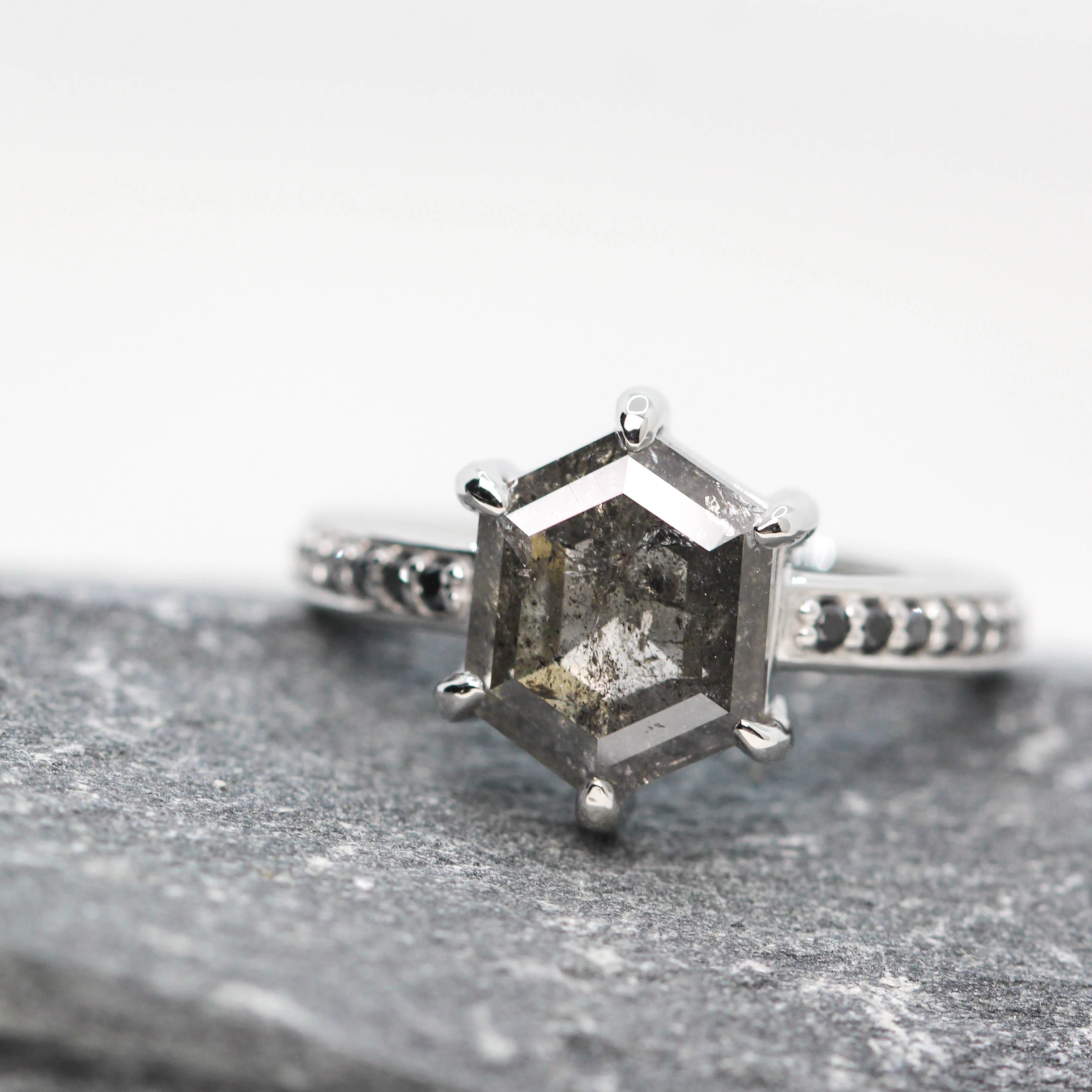 Project: Custom Tatum Ring with 2.5 Carat Semi-Translucent Black Hexagon Salt and Pepper Diamond with White Pave Diamonds in 14k - Image 2