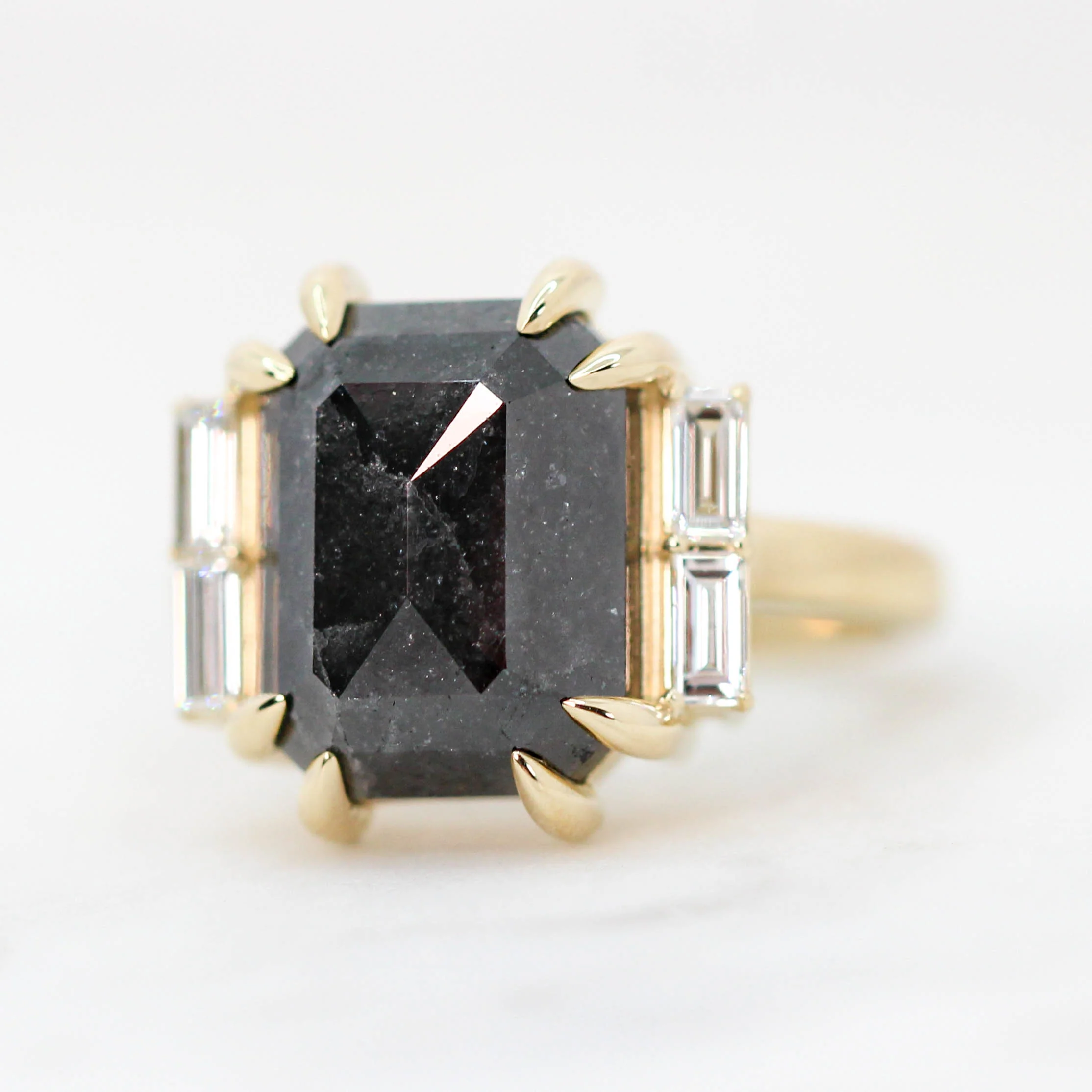 Project: Custom Valerie Ring with a 7 Carat Black Salt and Pepper Emerald Cut Diamond and White Accent Baguette Diamonds in 14k - Image 3