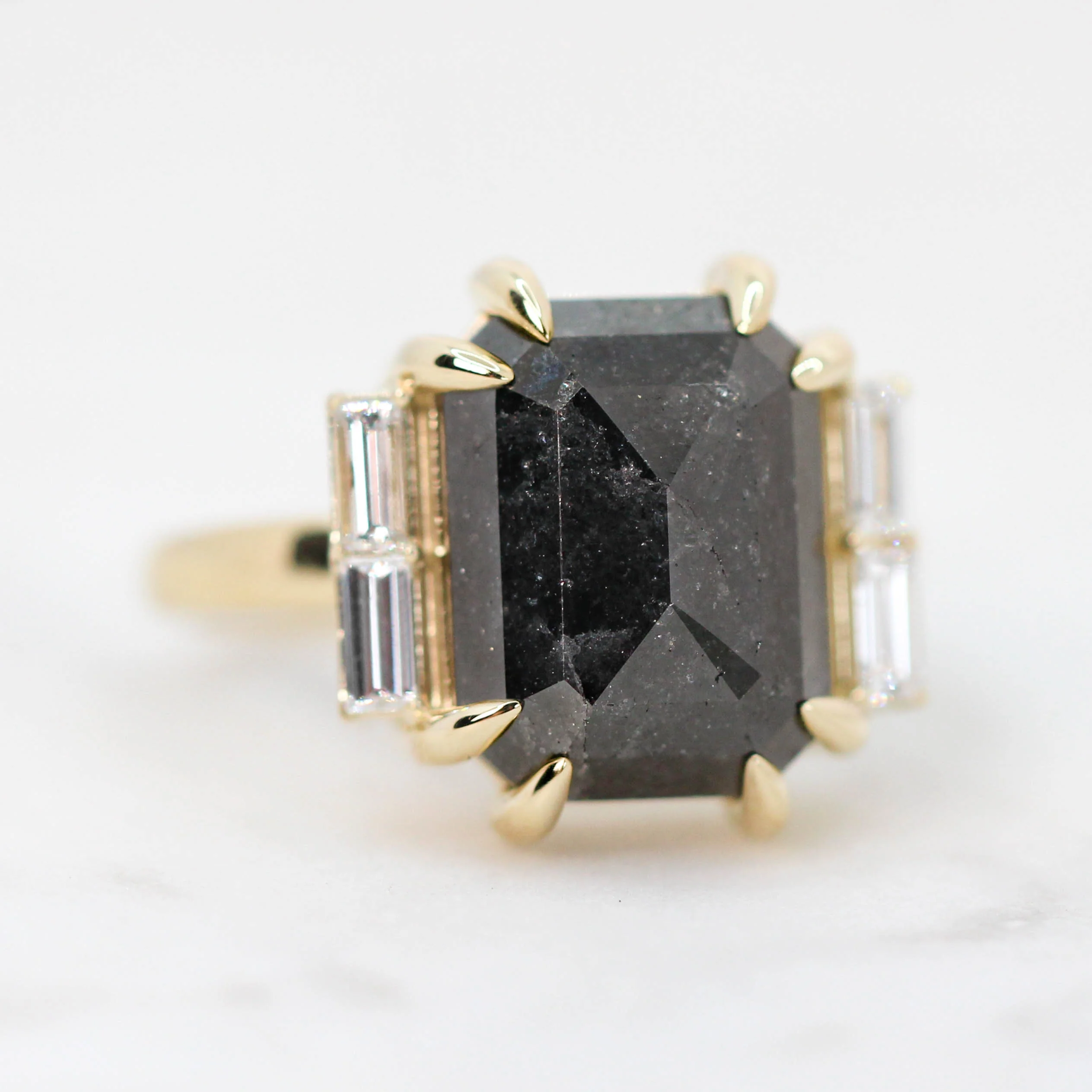 Project: Custom Valerie Ring with a 7 Carat Black Salt and Pepper Emerald Cut Diamond and White Accent Baguette Diamonds in 14k - Image 4