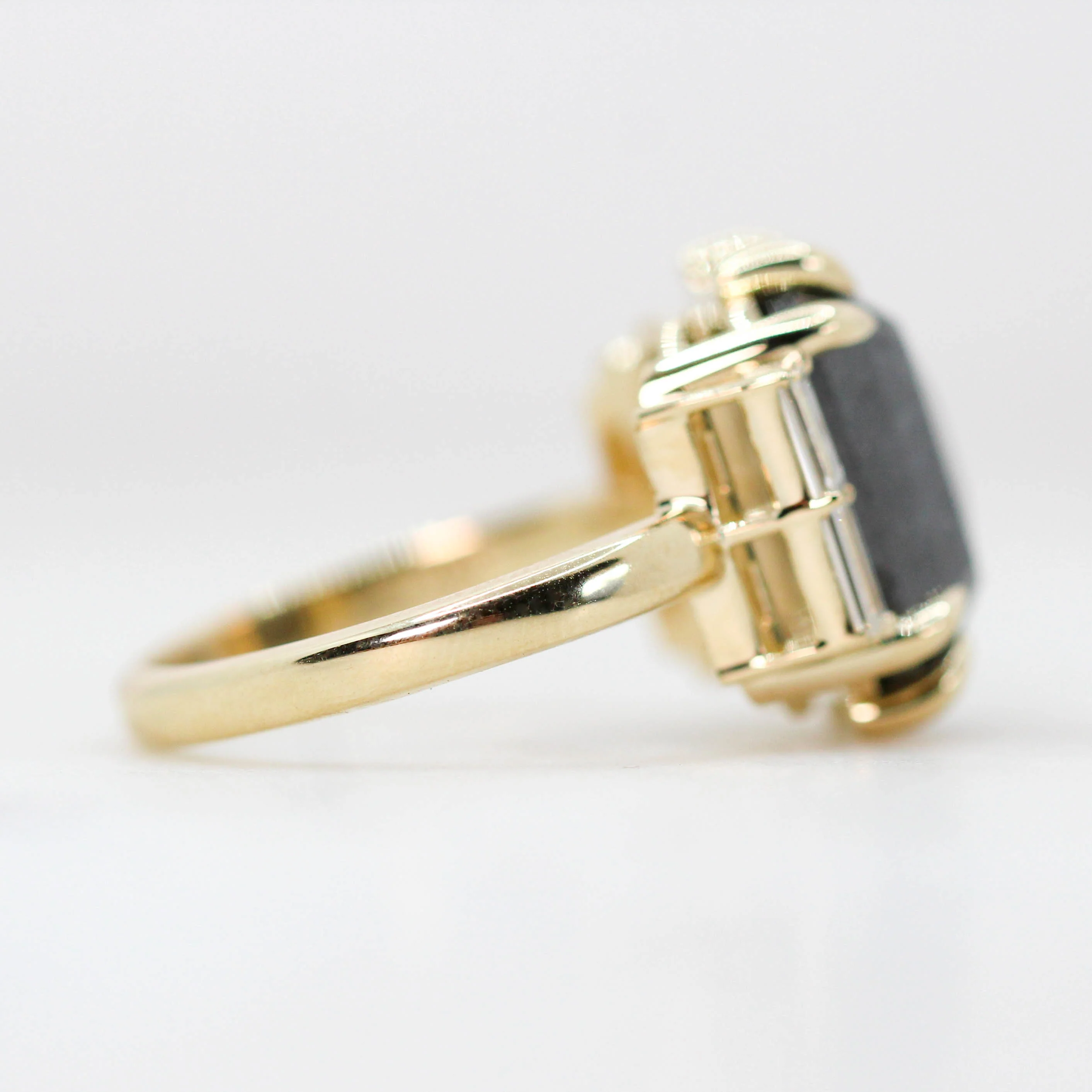 Project: Custom Valerie Ring with a 7 Carat Black Salt and Pepper Emerald Cut Diamond and White Accent Baguette Diamonds in 14k - Image 5