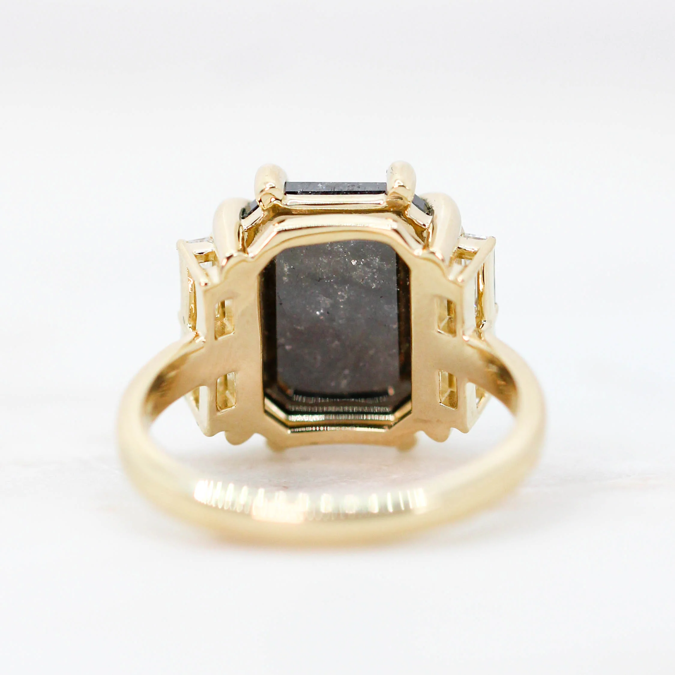 Project: Custom Valerie Ring with a 7 Carat Black Salt and Pepper Emerald Cut Diamond and White Accent Baguette Diamonds in 14k - Image 6