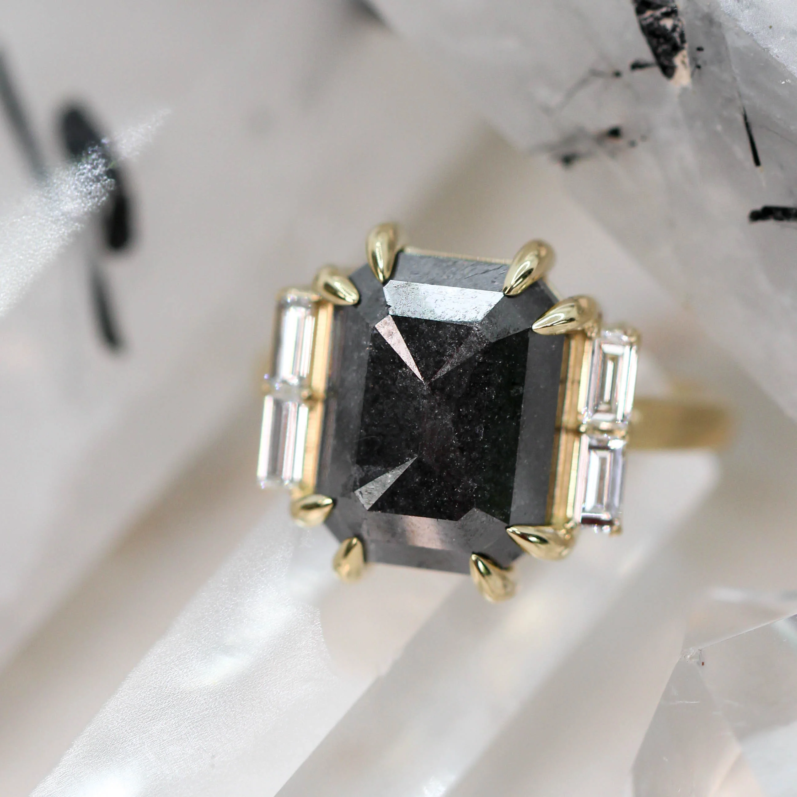 Project: Custom Valerie Ring with a 7 Carat Black Salt and Pepper Emerald Cut Diamond and White Accent Baguette Diamonds in 14k - Image 7