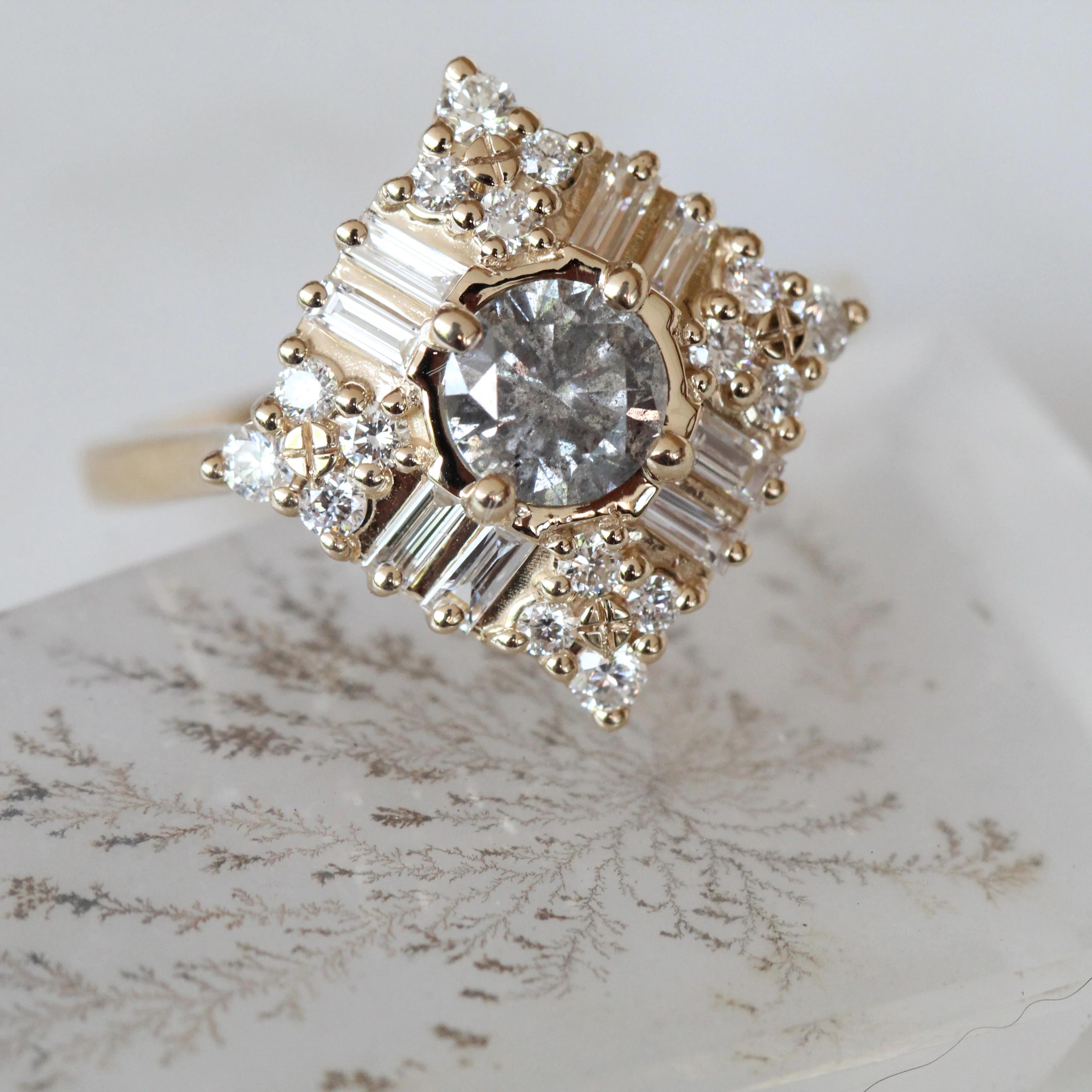 Project: Custom Winnifred Ring with a .50 carat Salt and Pepper Gray Round Diamond and Halo in 14k - Image 10