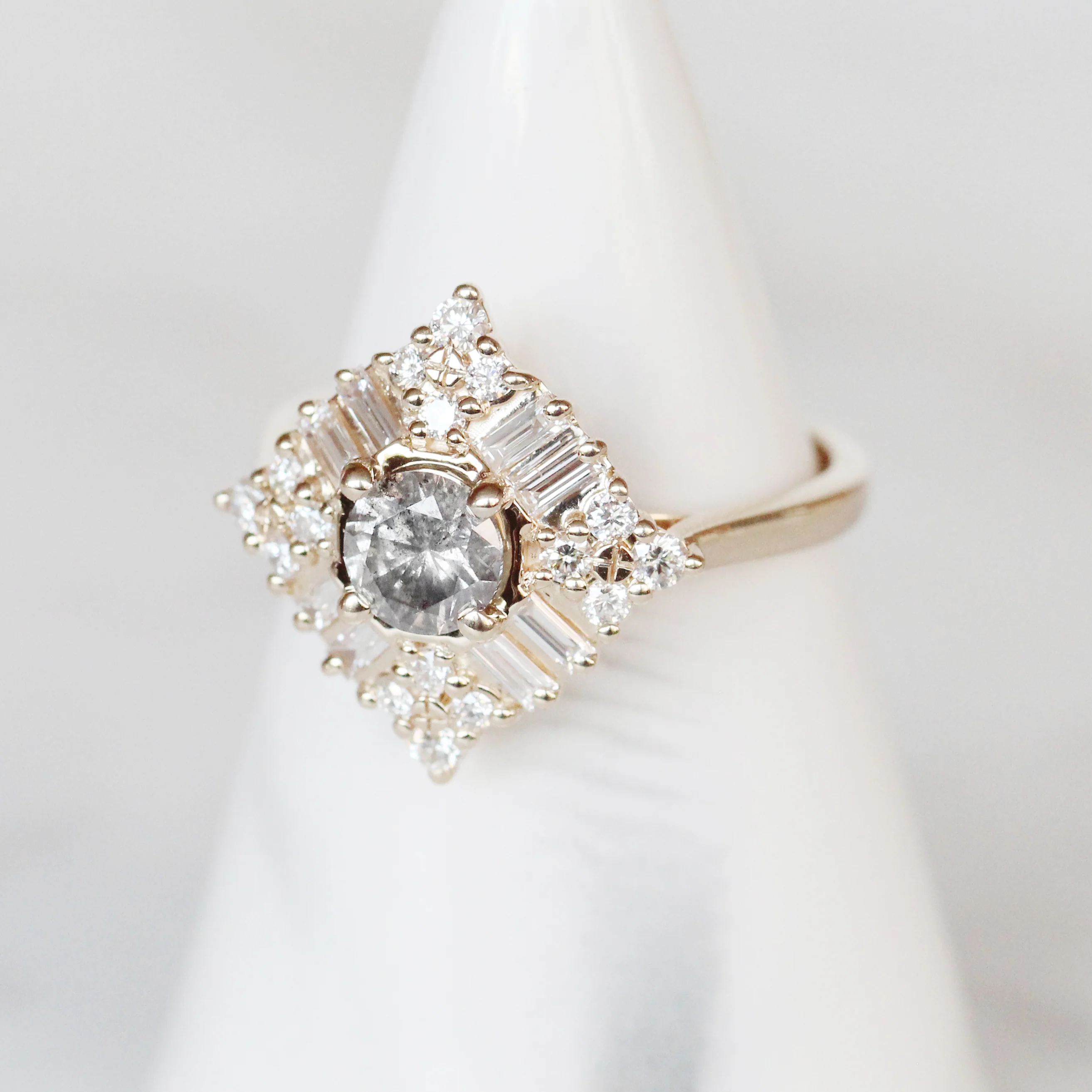 Project: Custom Winnifred Ring with a .50 carat Salt and Pepper Gray Round Diamond and Halo in 14k - Image 6