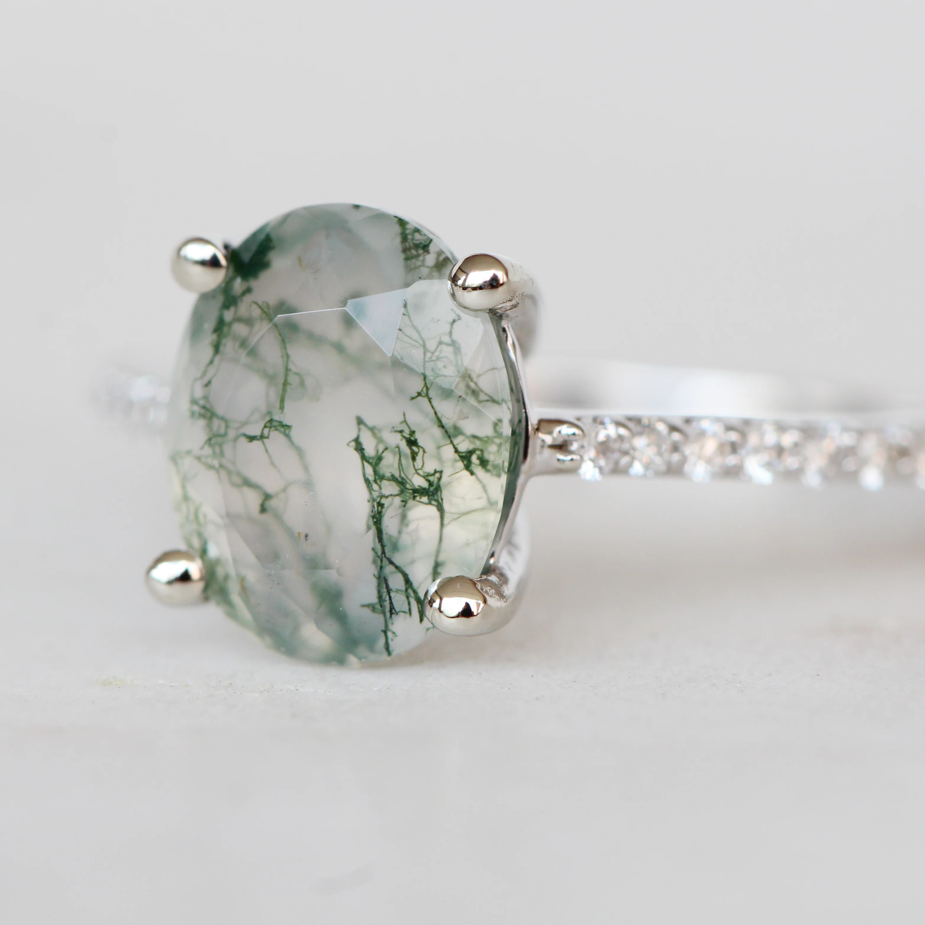 Raine Ring with an Oval Moss Agate and White Accent Diamonds - Made to Order - Image 3