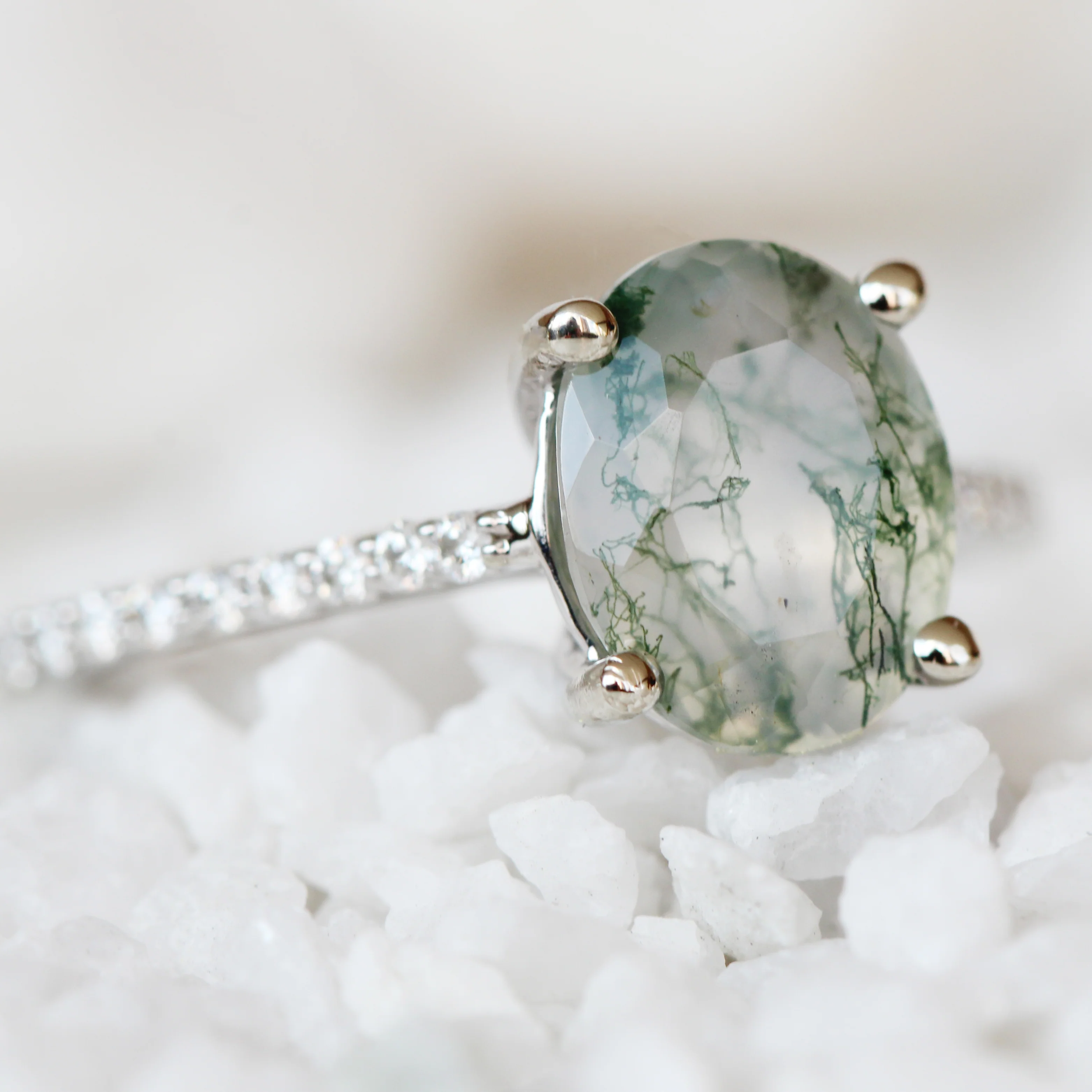 Raine Ring with an Oval Moss Agate and White Accent Diamonds - Made to Order - Image 4