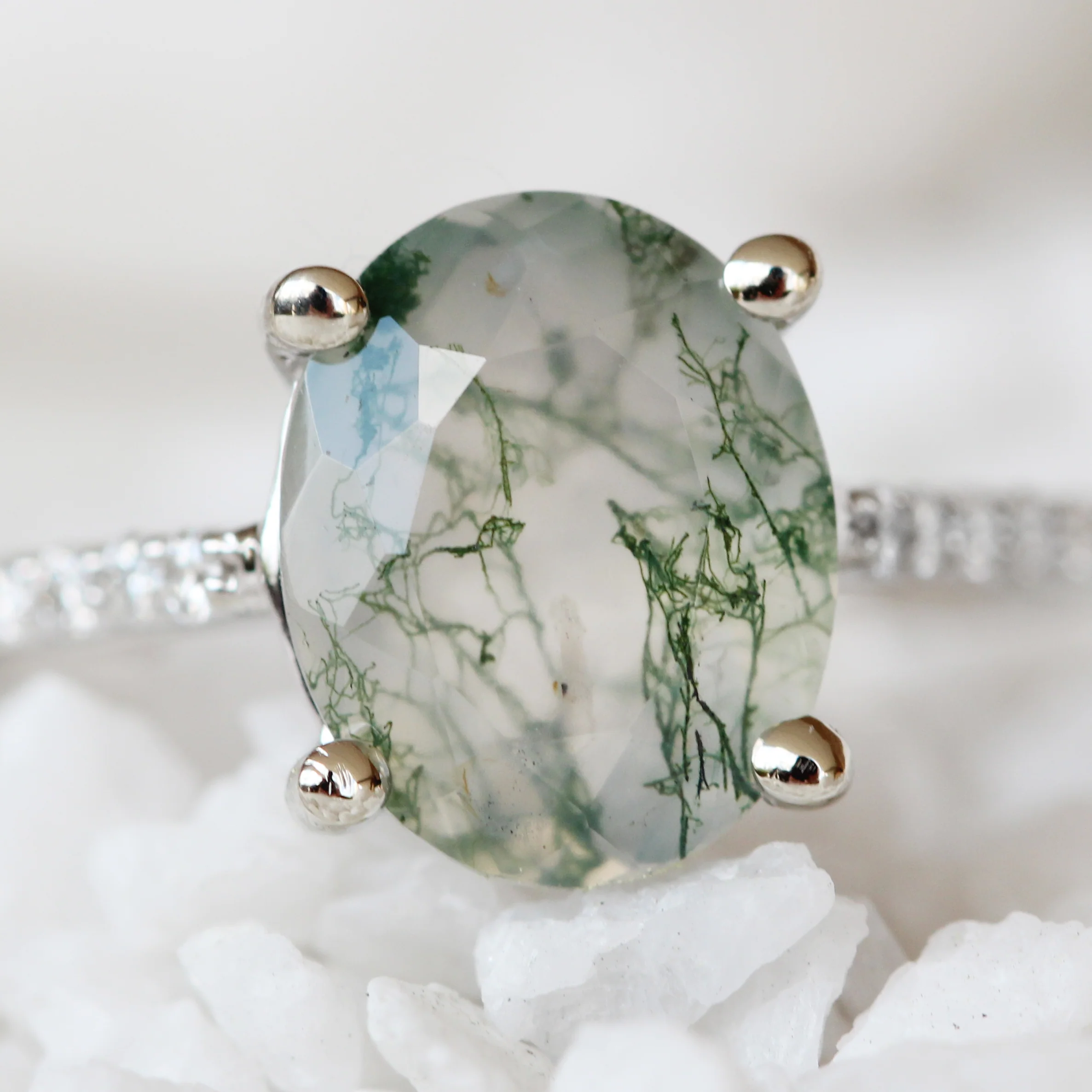 Raine Ring with an Oval Moss Agate and White Accent Diamonds - Made to Order - Image 5