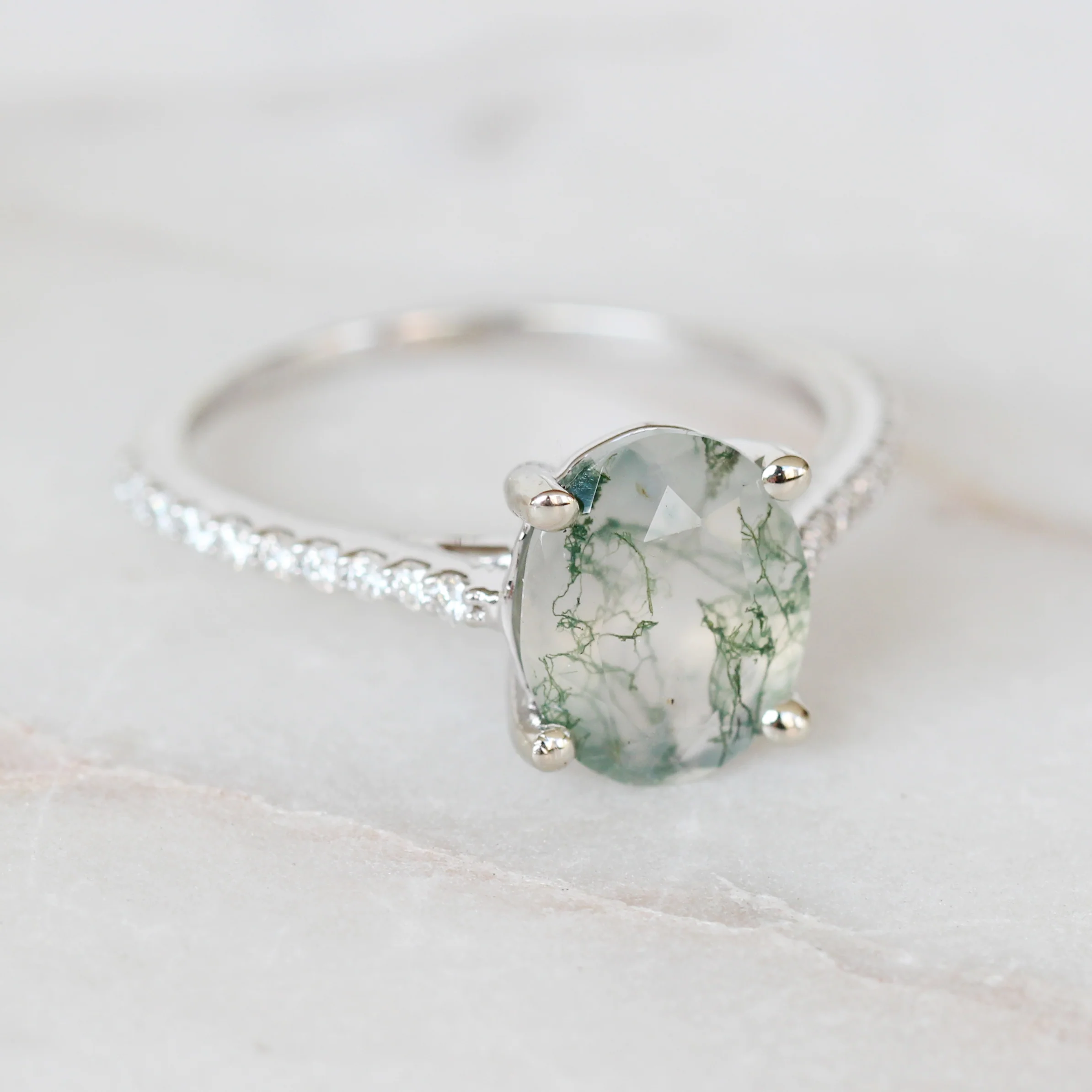 Raine Ring with an Oval Moss Agate and White Accent Diamonds - Made to Order - Image 8