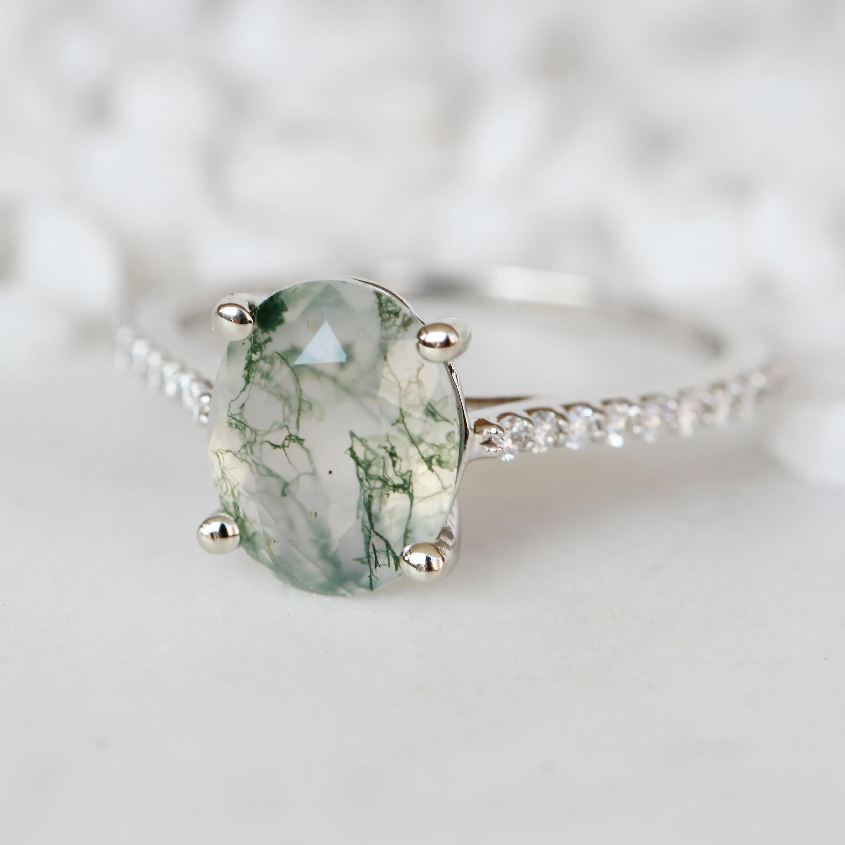 Raine Ring with an Oval Moss Agate and White Accent Diamonds - Made to Order - Image 9