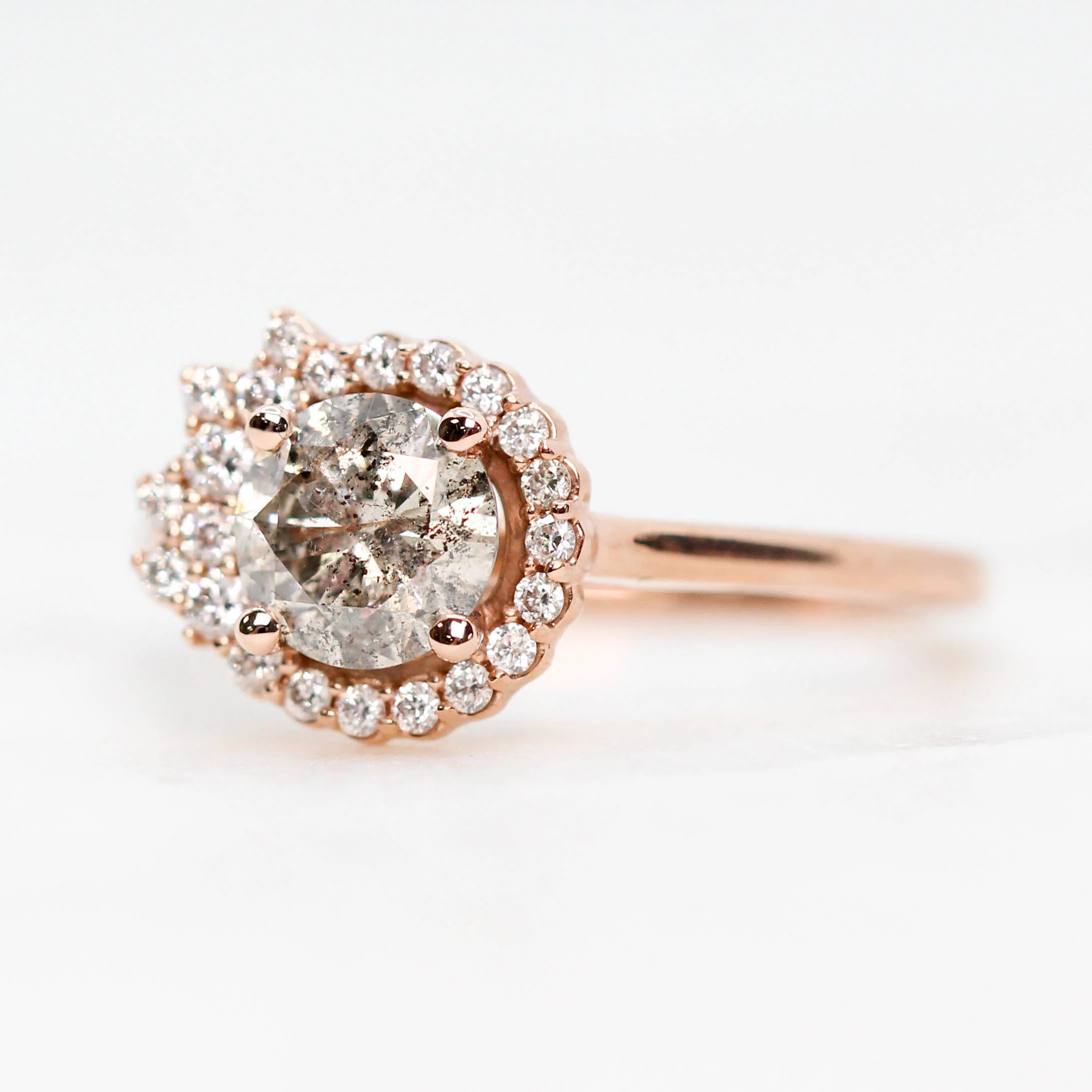Project: Custom Alizeh Asymmetrical Ring with a 1 Carat Round Gray Salt and Pepper Diamond and White Diamonds in 14k - Image 3