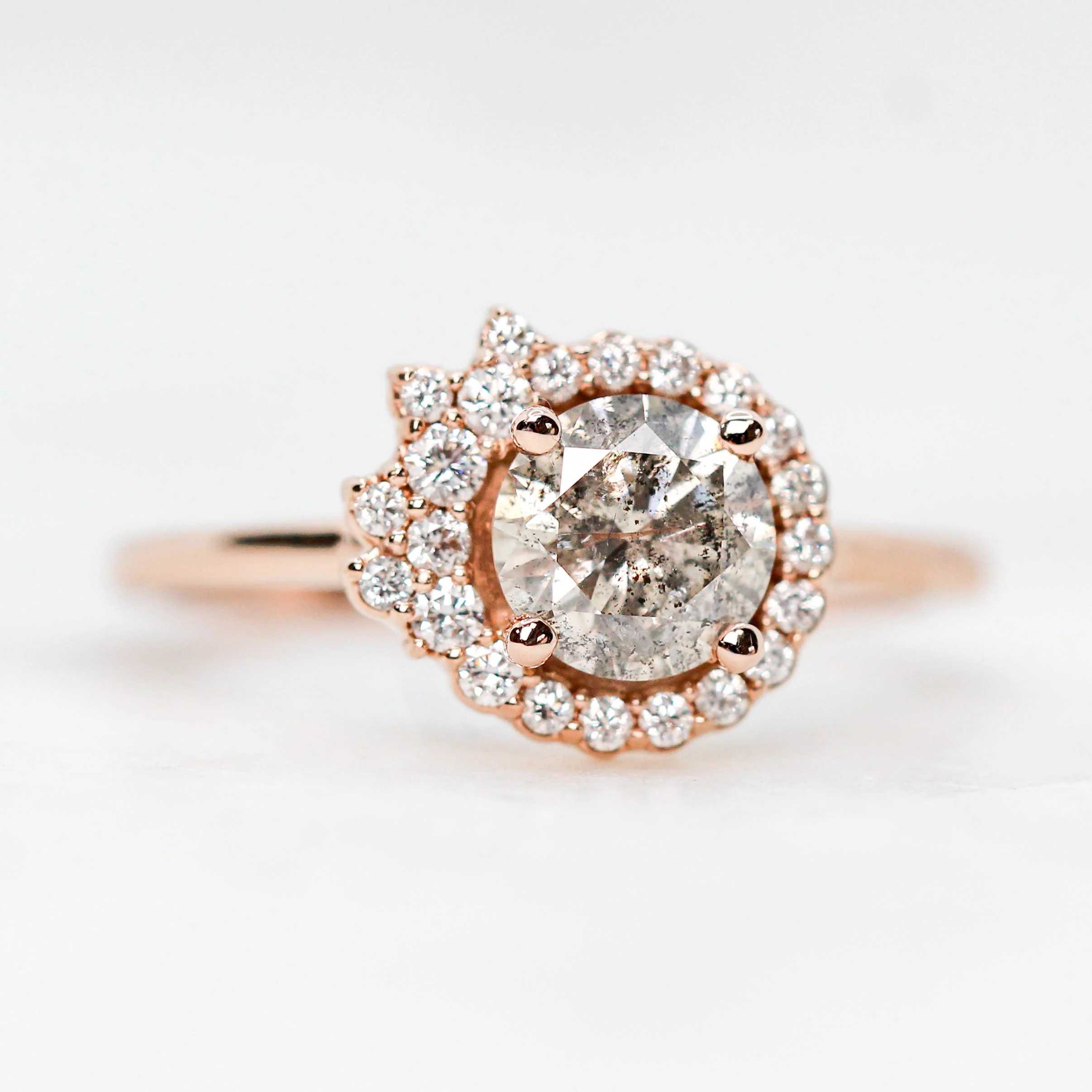 Project: Custom Alizeh Asymmetrical Ring with a 1 Carat Round Gray Salt and Pepper Diamond and White Diamonds in 14k - Image 4