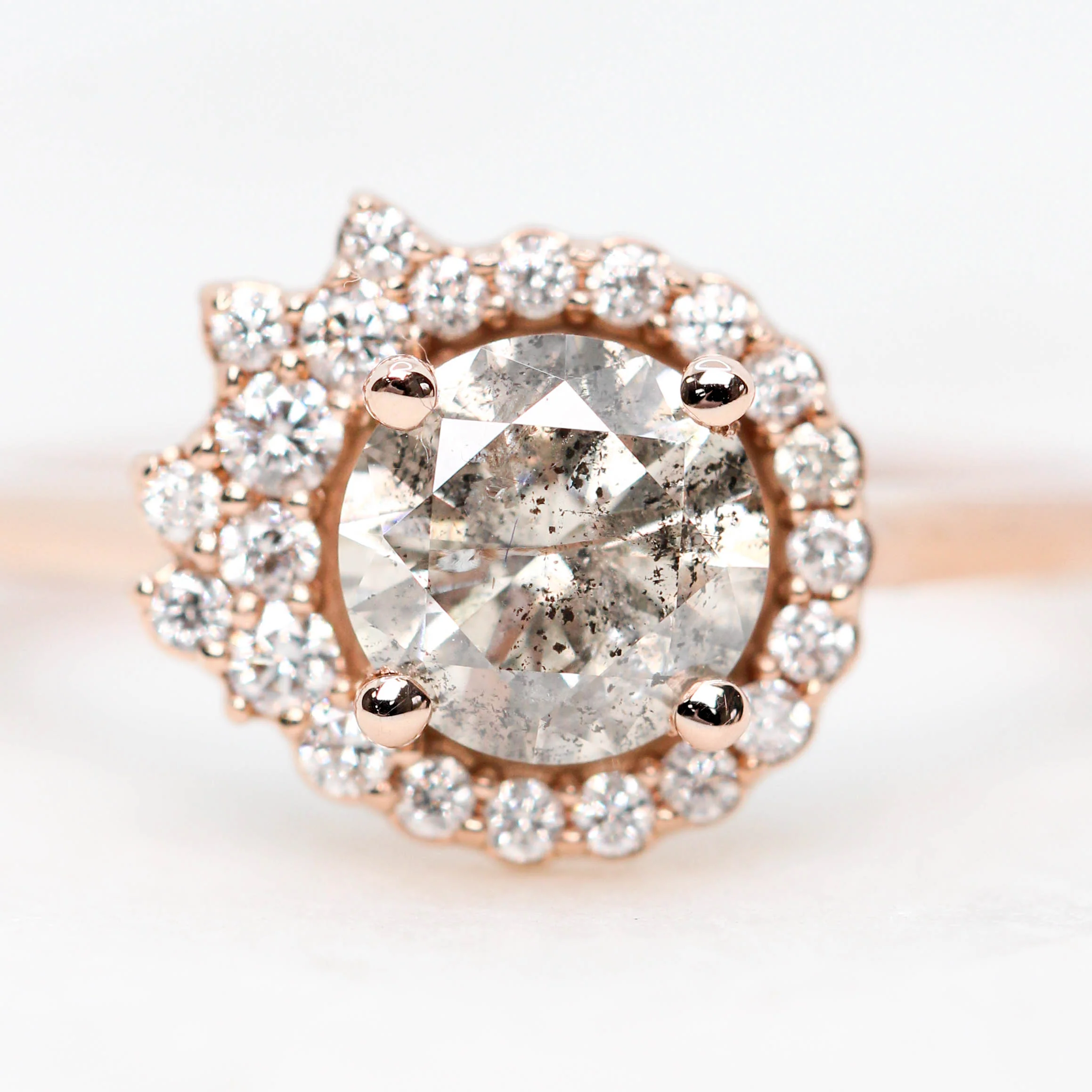 Project: Custom Alizeh Asymmetrical Ring with a 1 Carat Round Gray Salt and Pepper Diamond and White Diamonds in 14k - Image 5