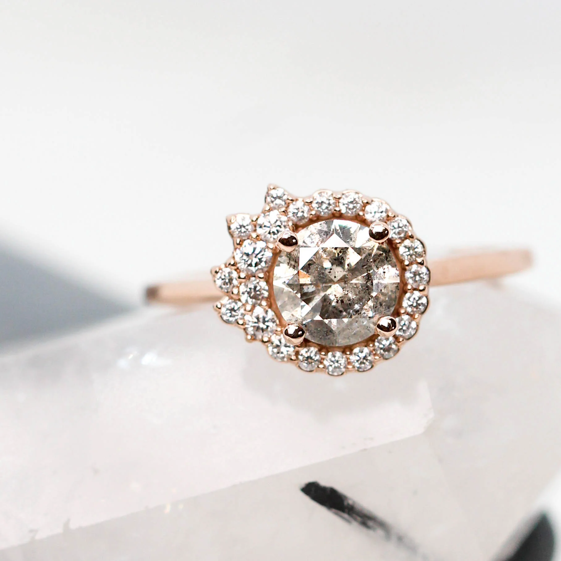 Project: Custom Alizeh Asymmetrical Ring with a 1 Carat Round Gray Salt and Pepper Diamond and White Diamonds in 14k - Image 8