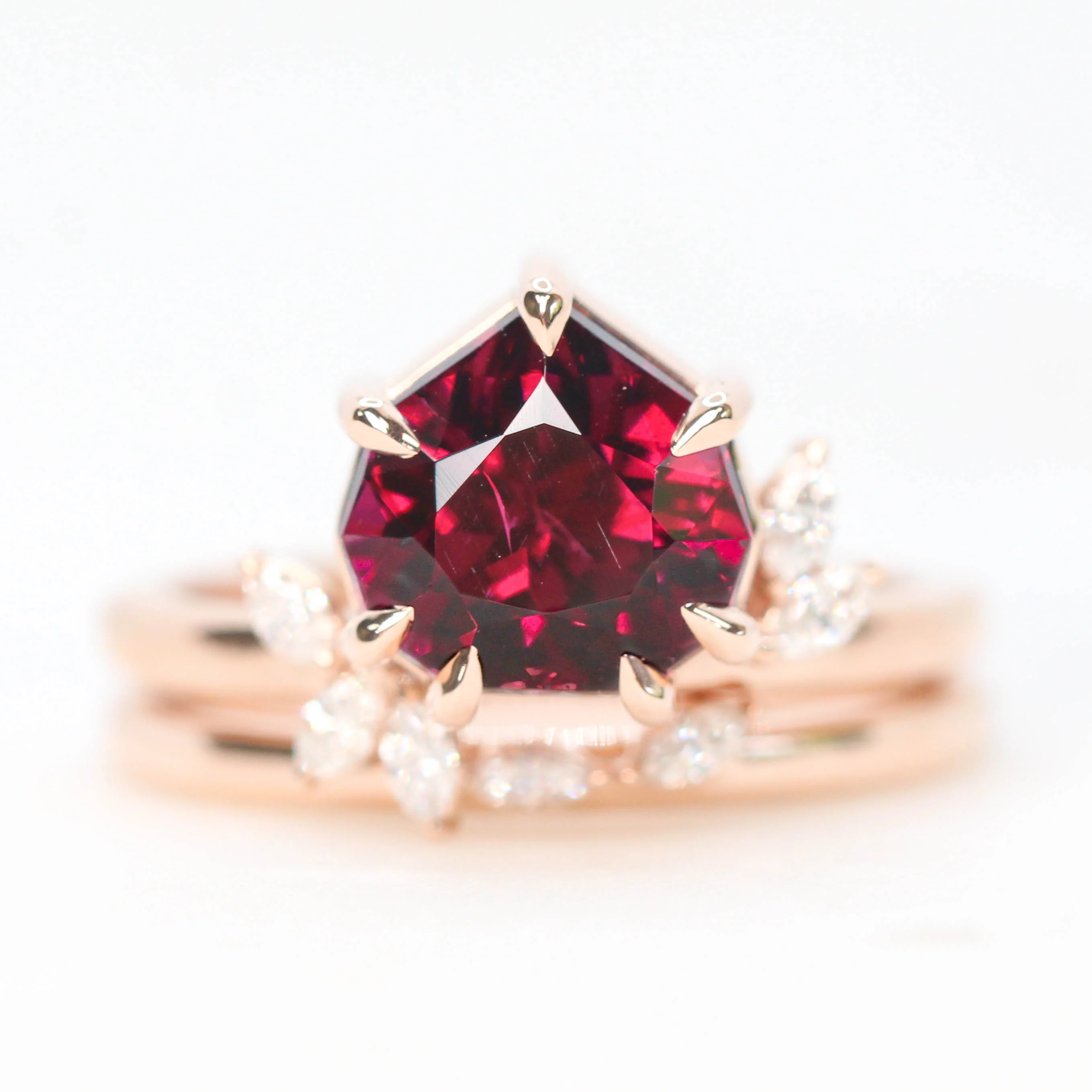 Project: Custom Chantell Ring with a 4 Carat Geometric Cut Rhodolite Garnet and White Accent Diamonds in 14k
