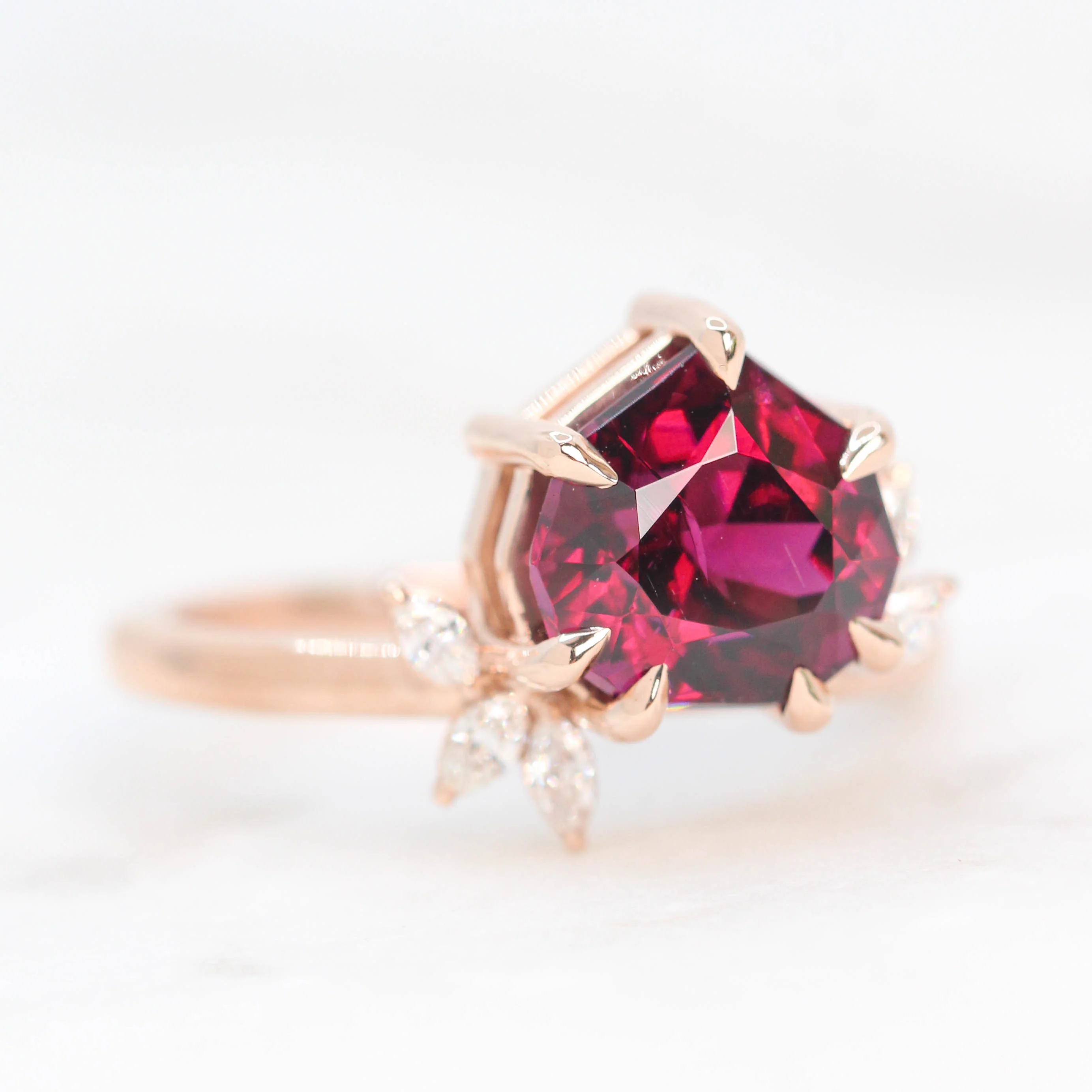 Project: Custom Chantell Ring with a 4 Carat Geometric Cut Rhodolite Garnet and White Accent Diamonds in 14k - Image 5