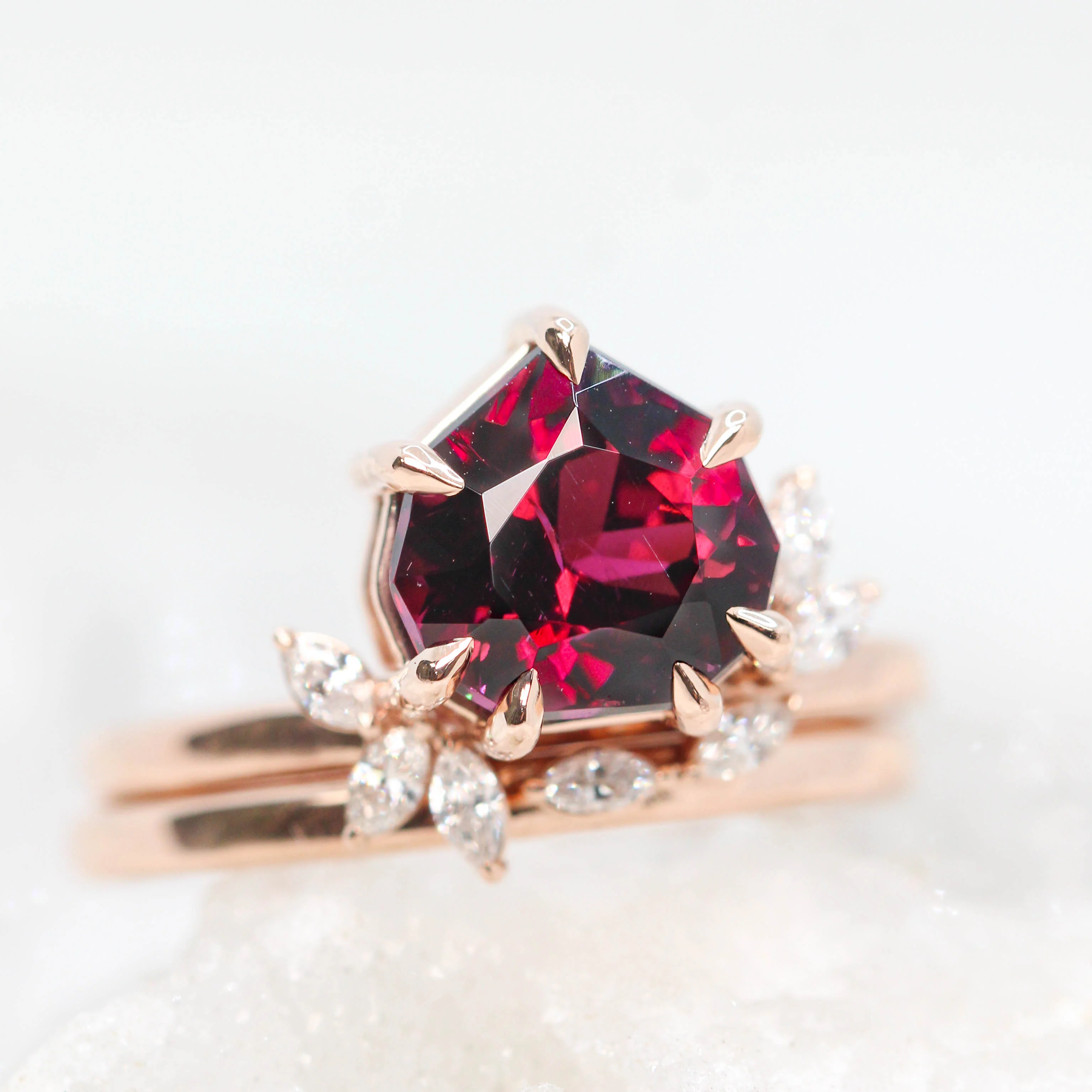 Project: Custom Chantell Ring with a 4 Carat Geometric Cut Rhodolite Garnet and White Accent Diamonds in 14k - Image 7