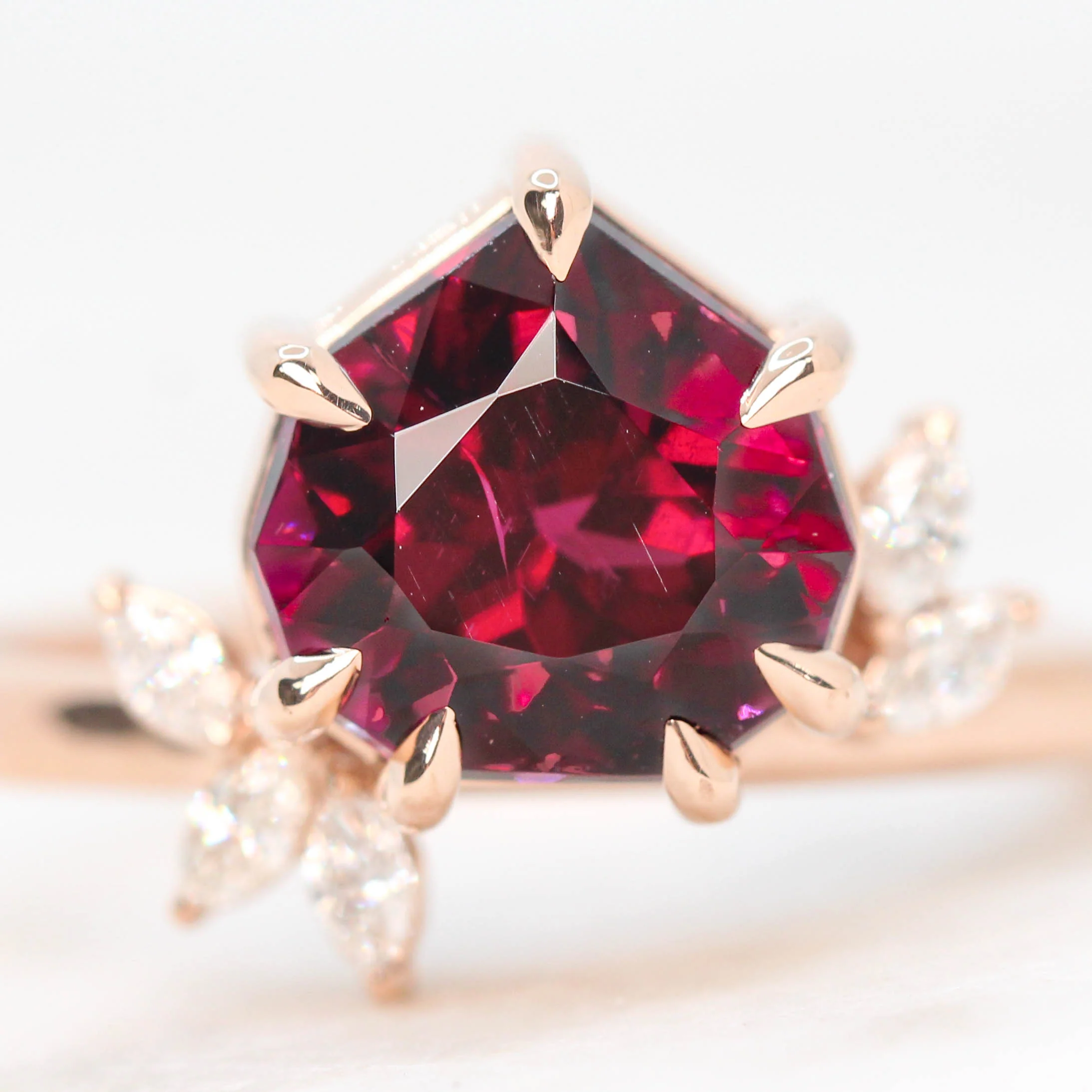 Project: Custom Chantell Ring with a 4 Carat Geometric Cut Rhodolite Garnet and White Accent Diamonds in 14k - Image 8