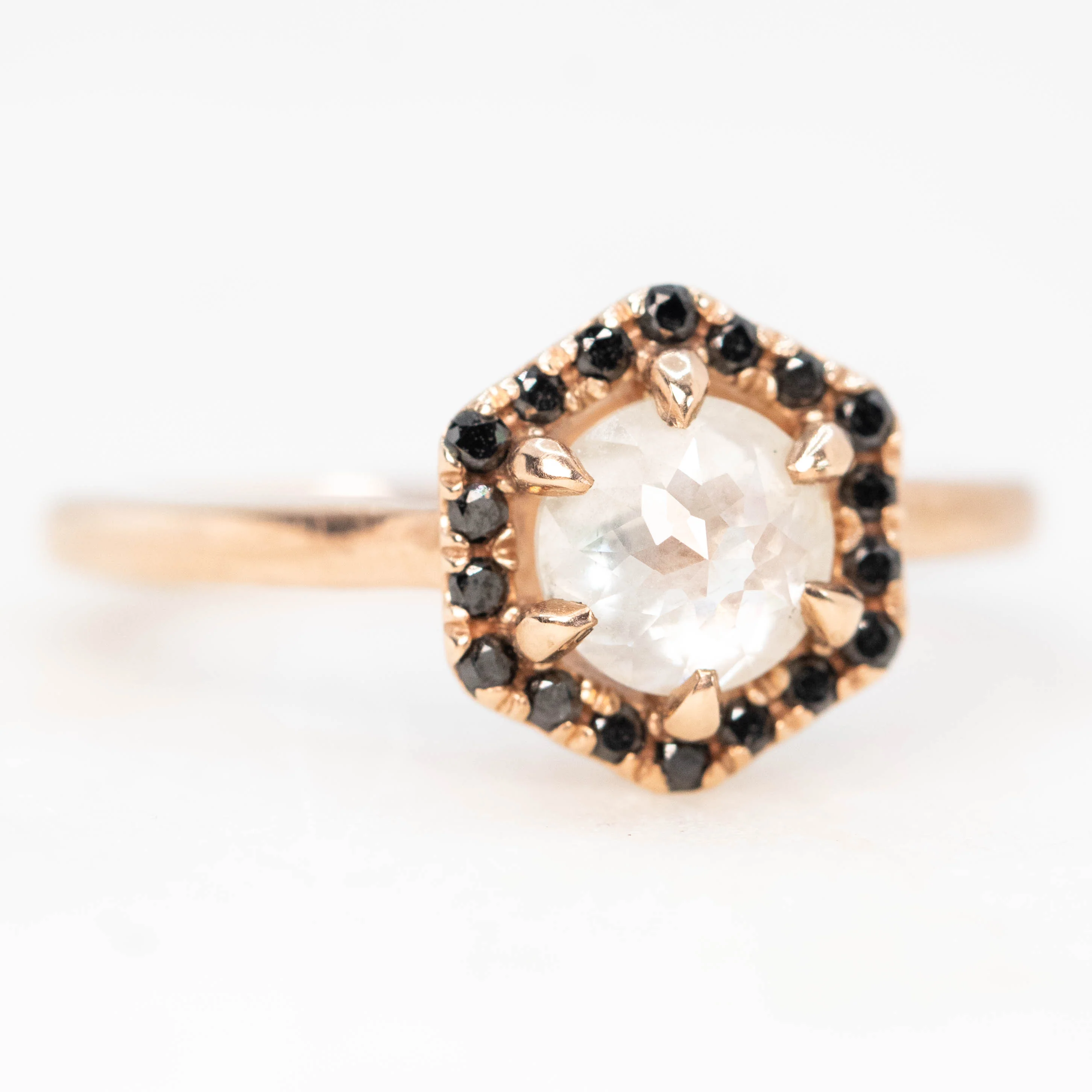 Sia Ring with a 0.90 Carat Misty White Round Rose Cut Diamond and Black Accent Diamonds in 10k Rose Gold - Ready to Size and Ship - Image 4
