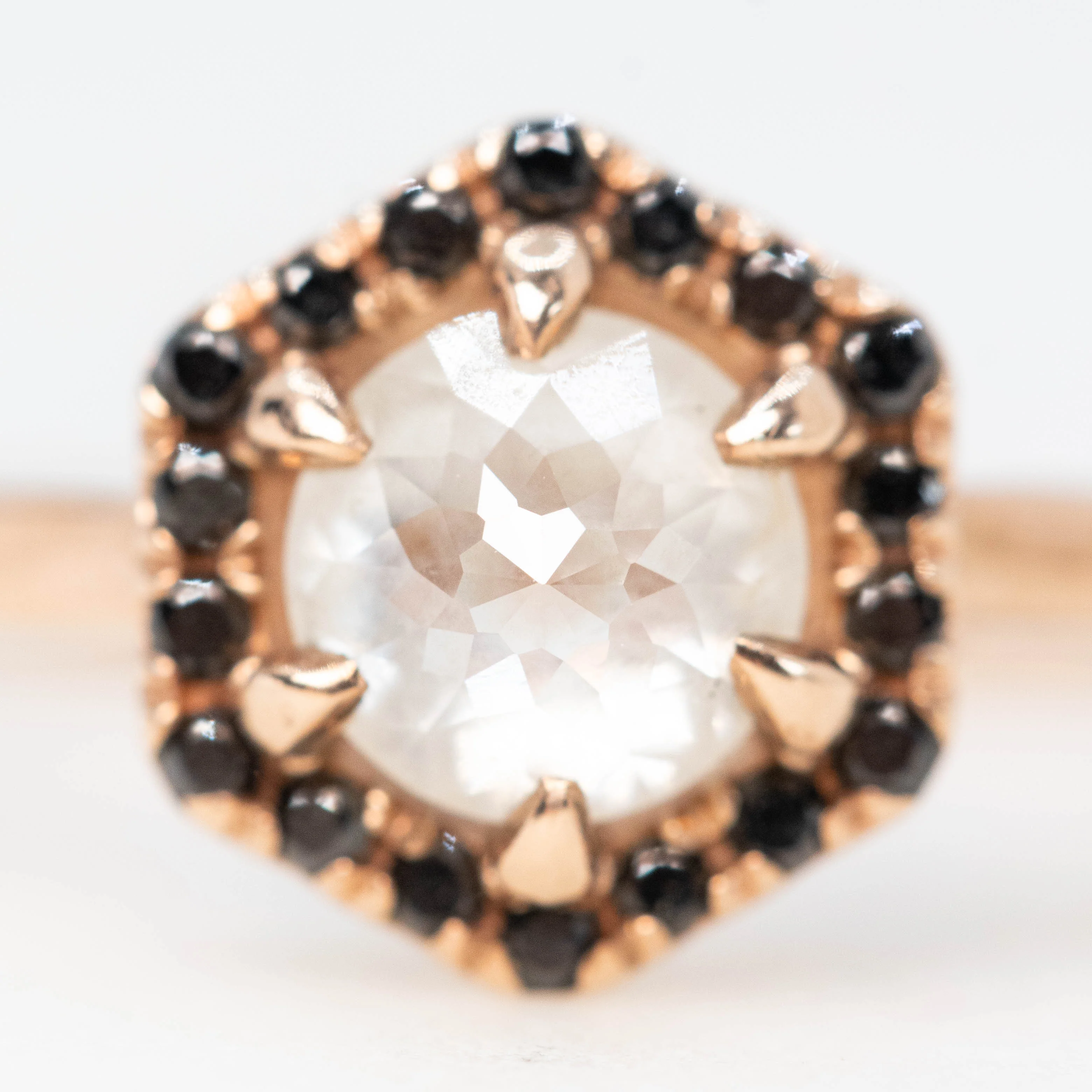 Sia Ring with a 0.90 Carat Misty White Round Rose Cut Diamond and Black Accent Diamonds in 10k Rose Gold - Ready to Size and Ship - Image 7